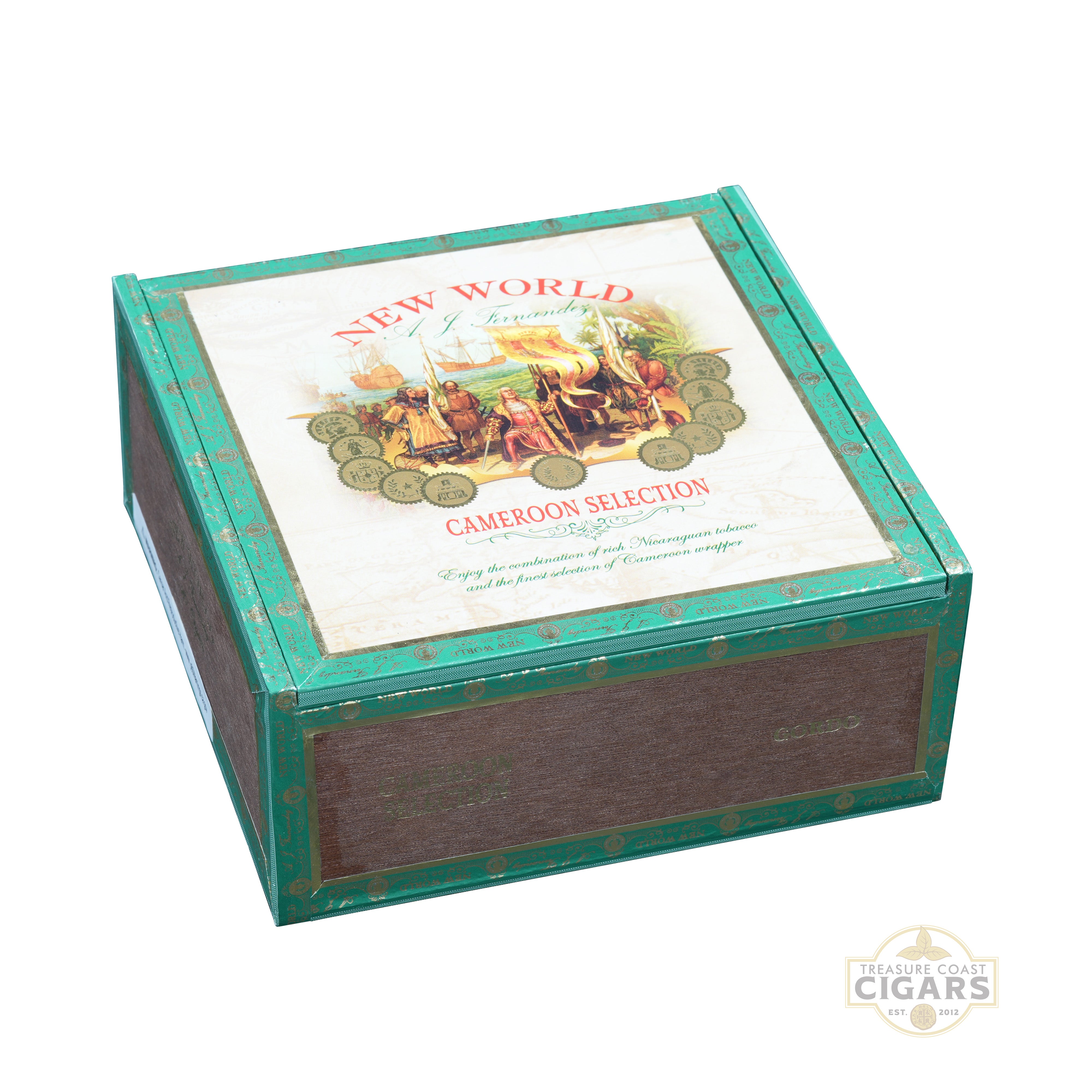 Cigar box with 'New World Cameroon Selection' label on a white background