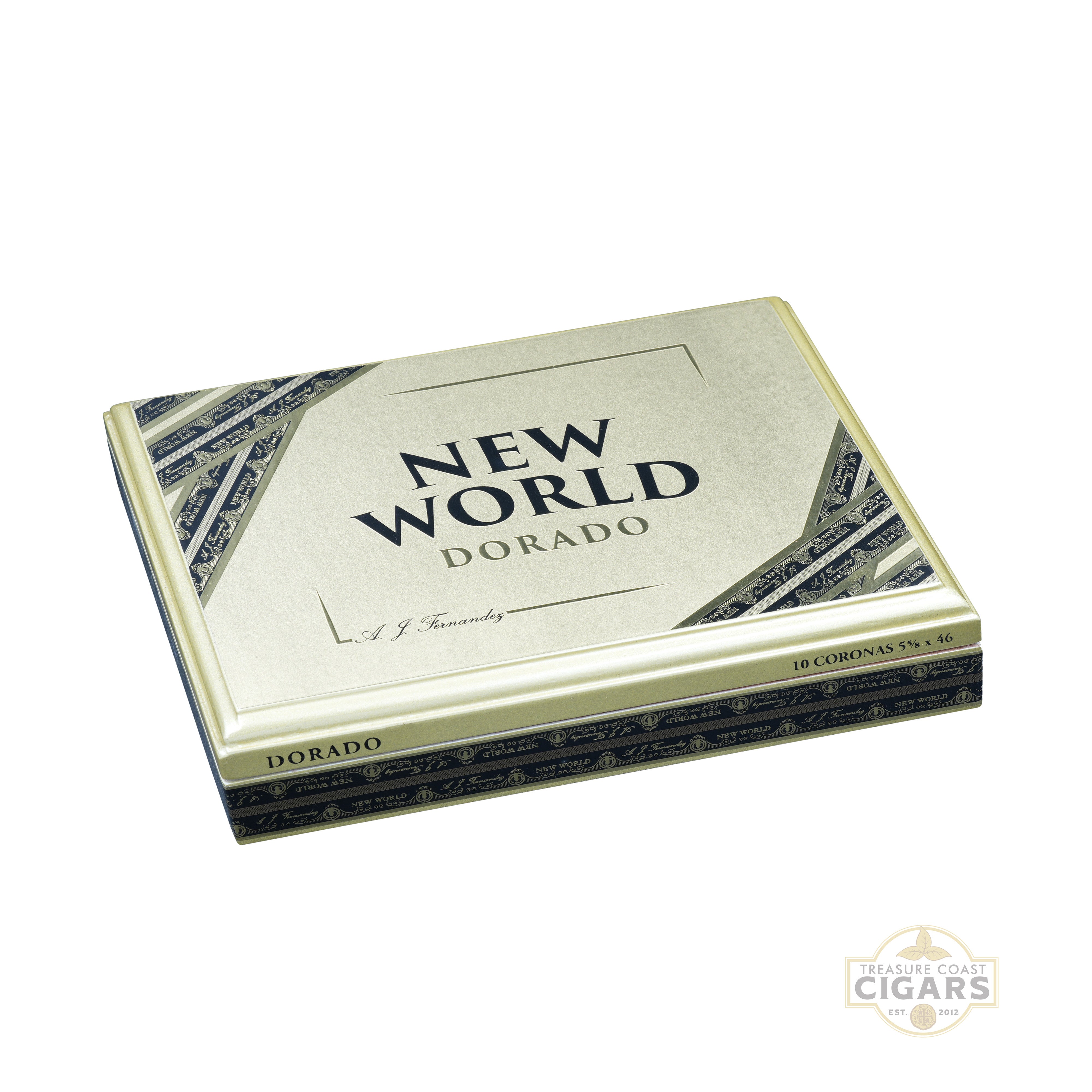Cigar box labeled 'New World Dorado' on a white background