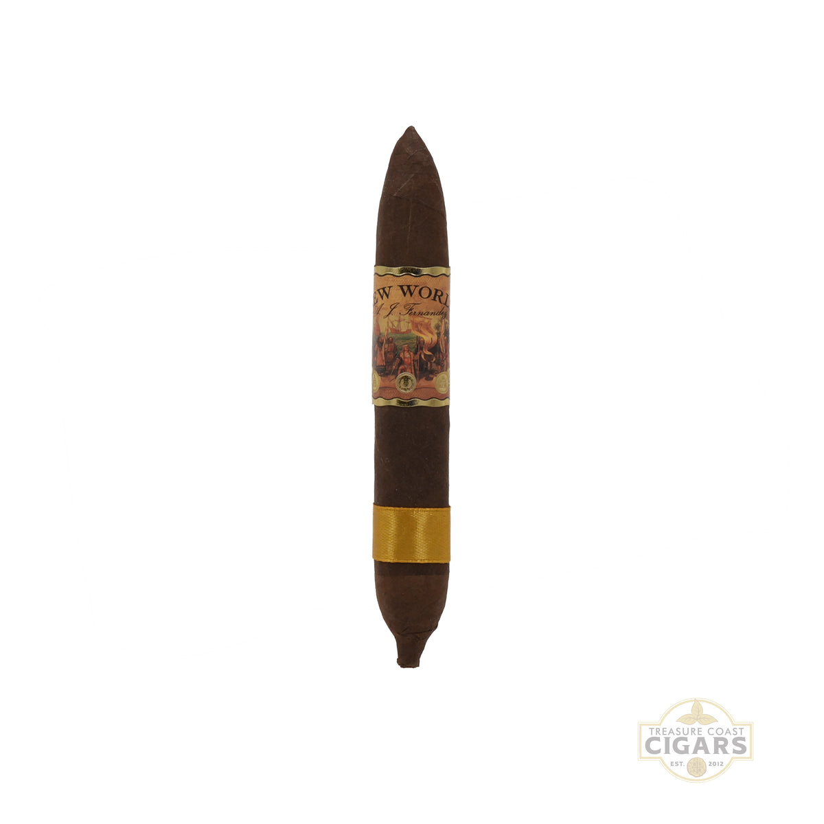 A single cigar with ornate band on a white background.