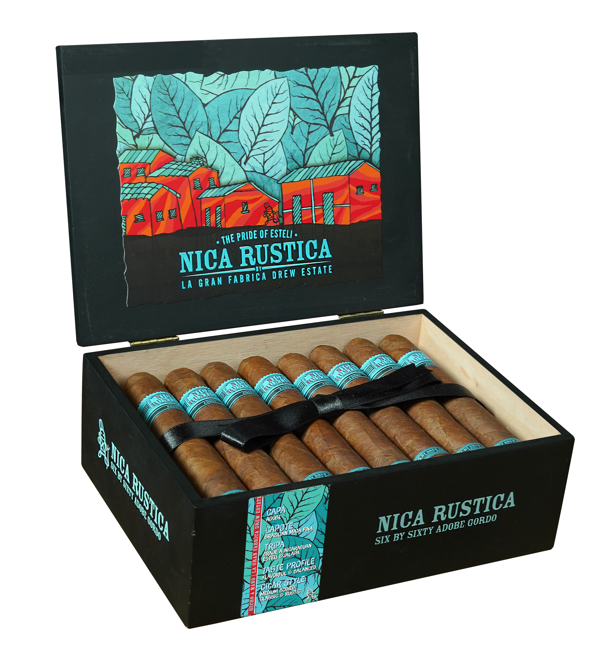 Box of Nica Rustica cigars with colorful label on a white background