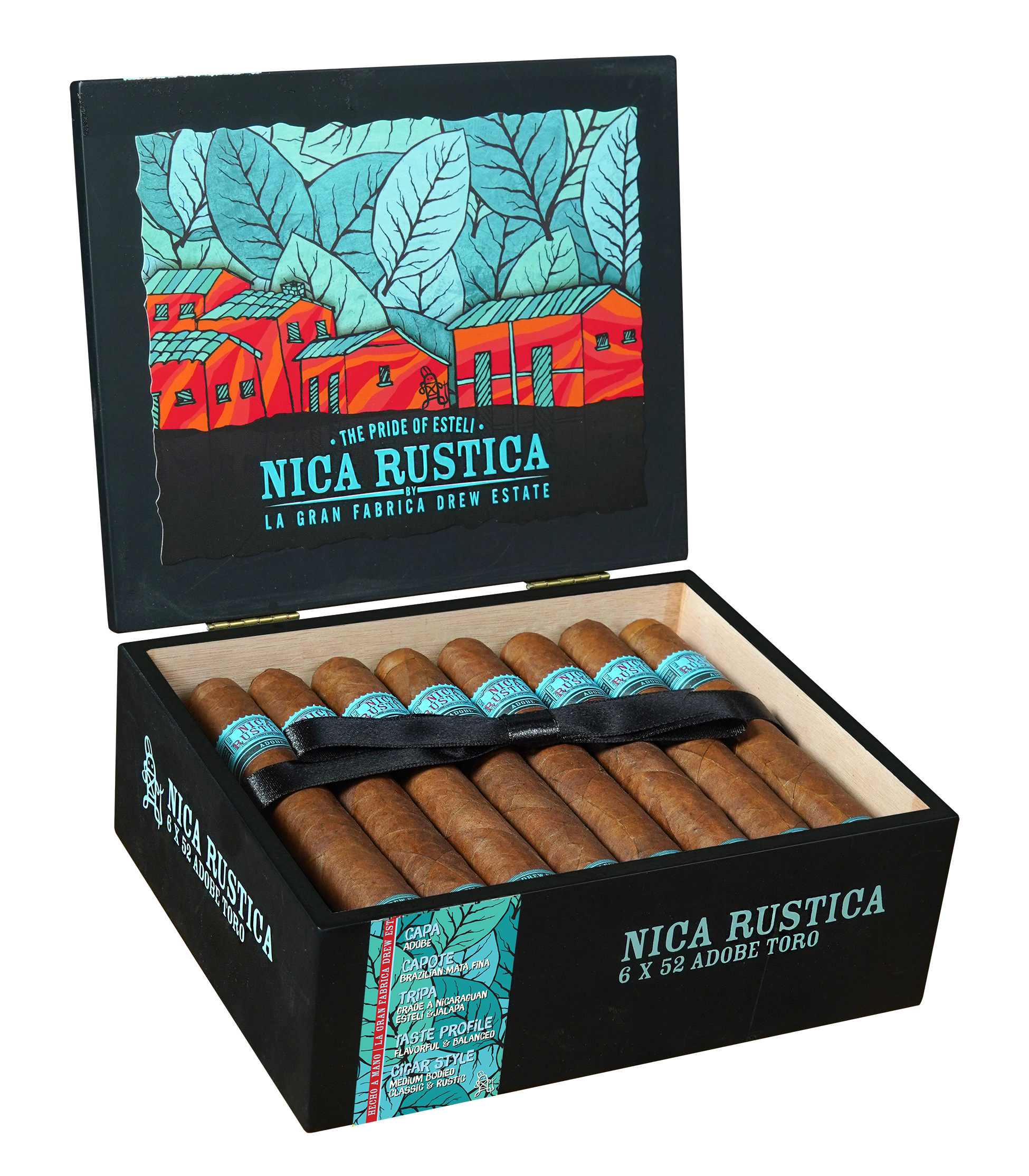Box of Nica Rustica cigars with colorful label on a white background