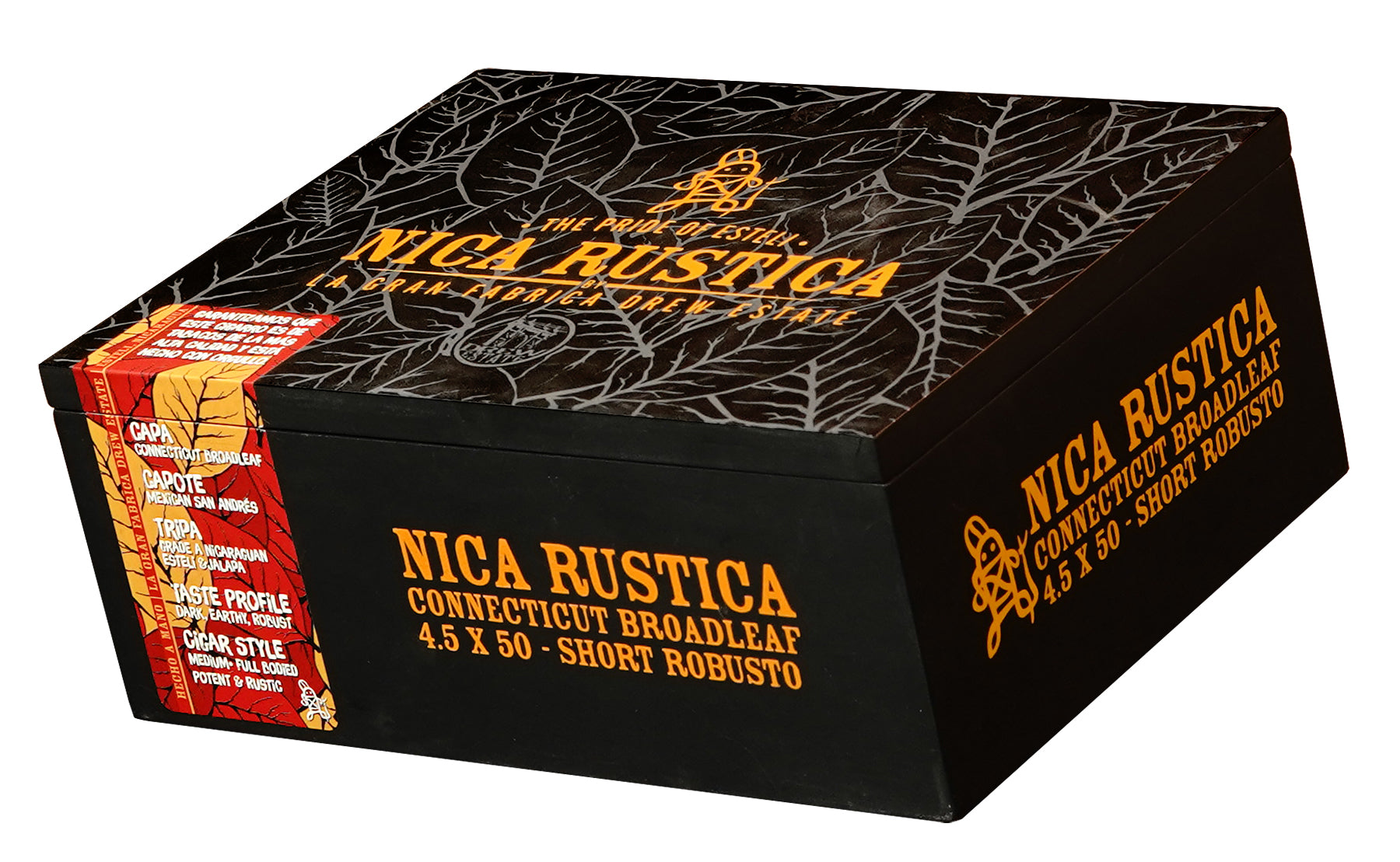 Nica Rustica Connecticut Broadleaf cigar box with black and orange design