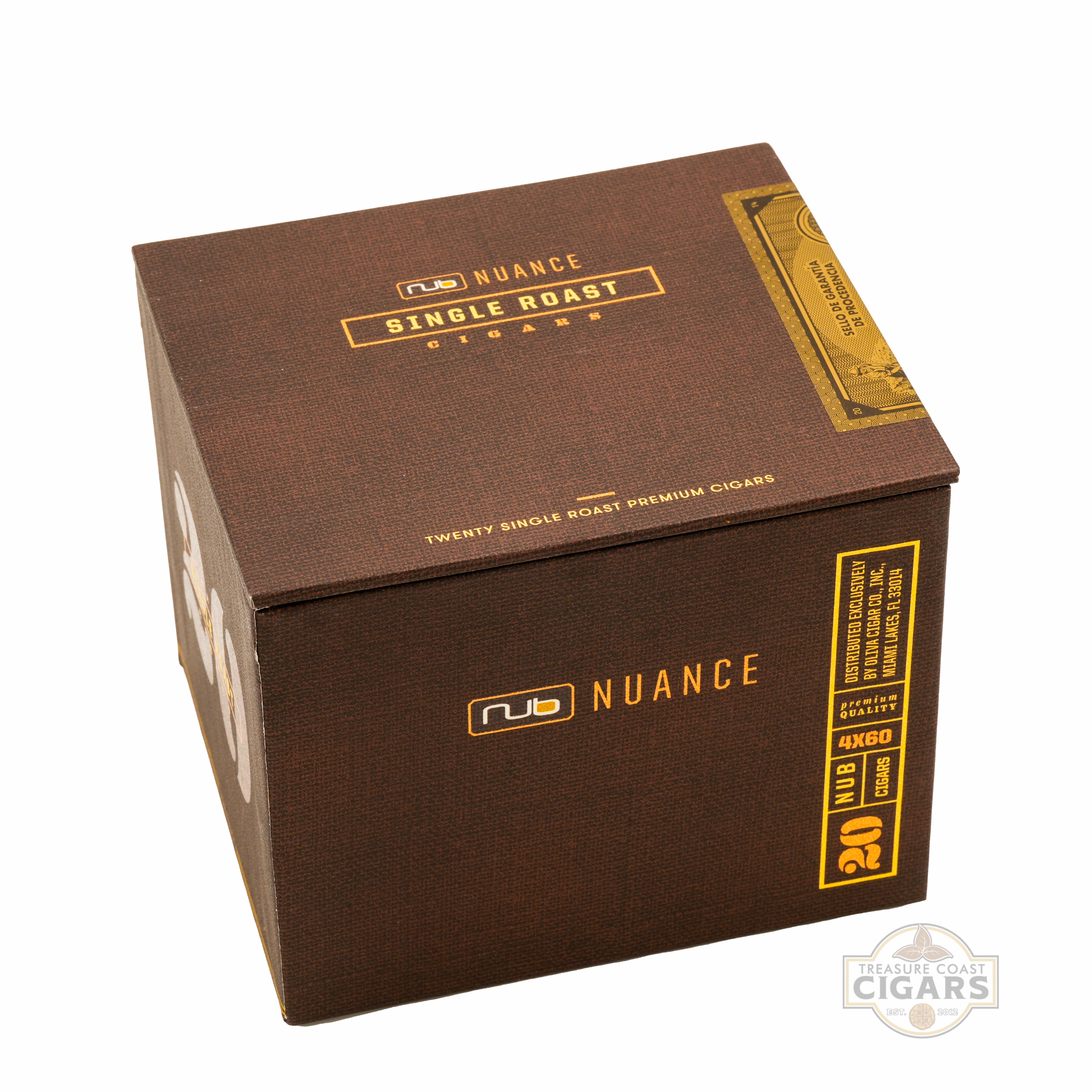 Brown box of Nuance Single Roast cigars with gold text on a white background