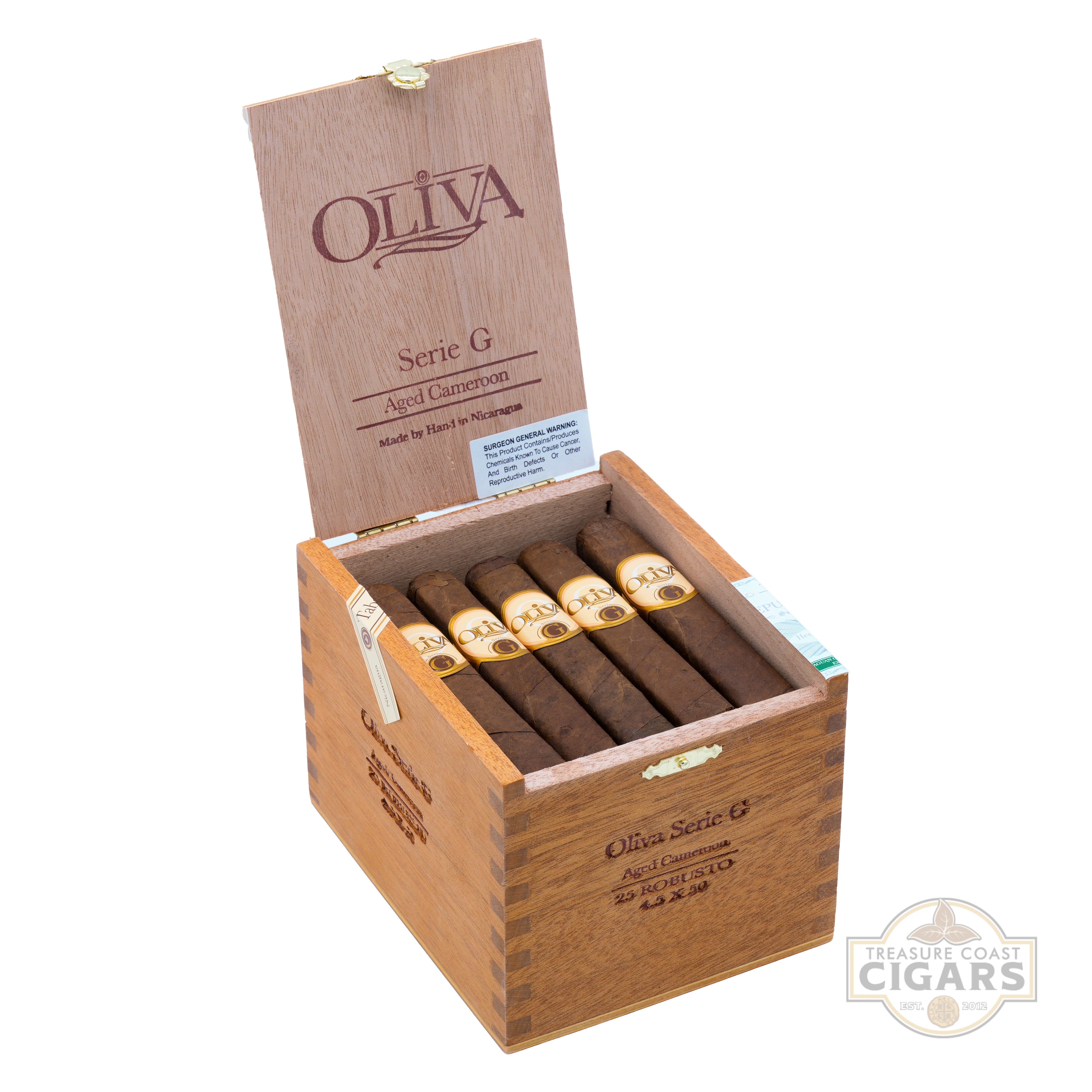 Open wooden box of Oliva cigars with cigars inside on a white background
