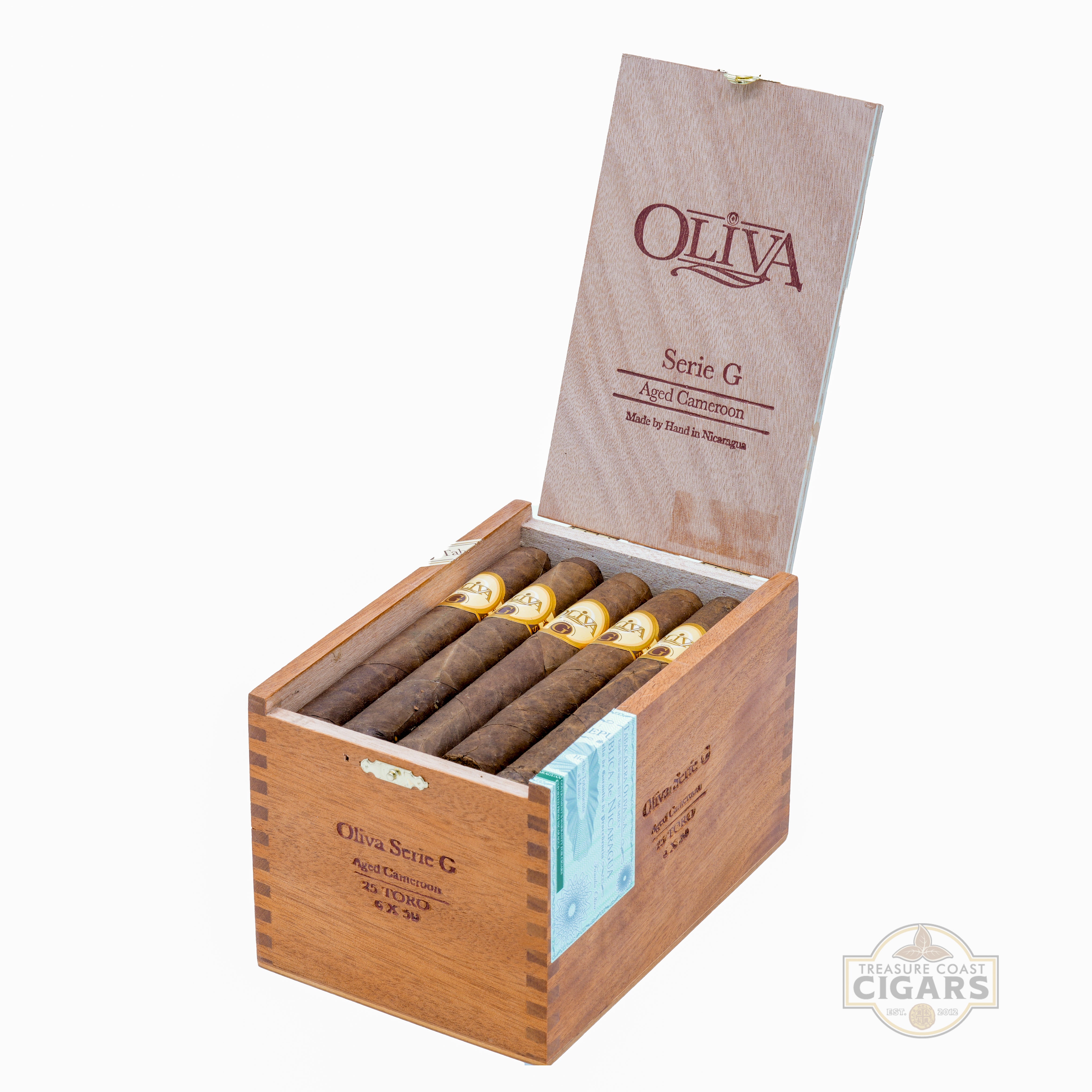 Box of cigars with a wooden box and brown paper cover featuring the Oliva logo.