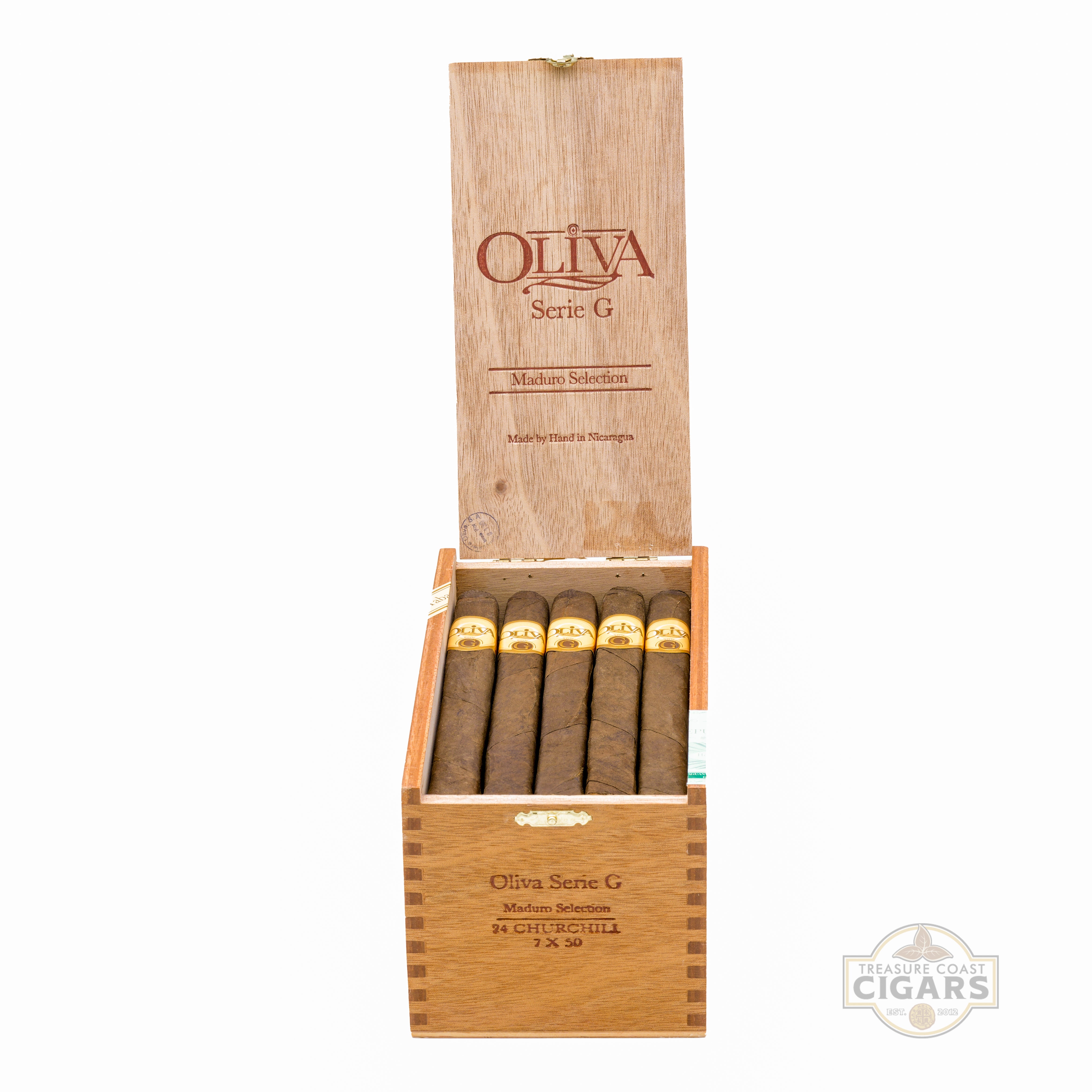 Wooden box of Oliva Serie G cigars on a white background