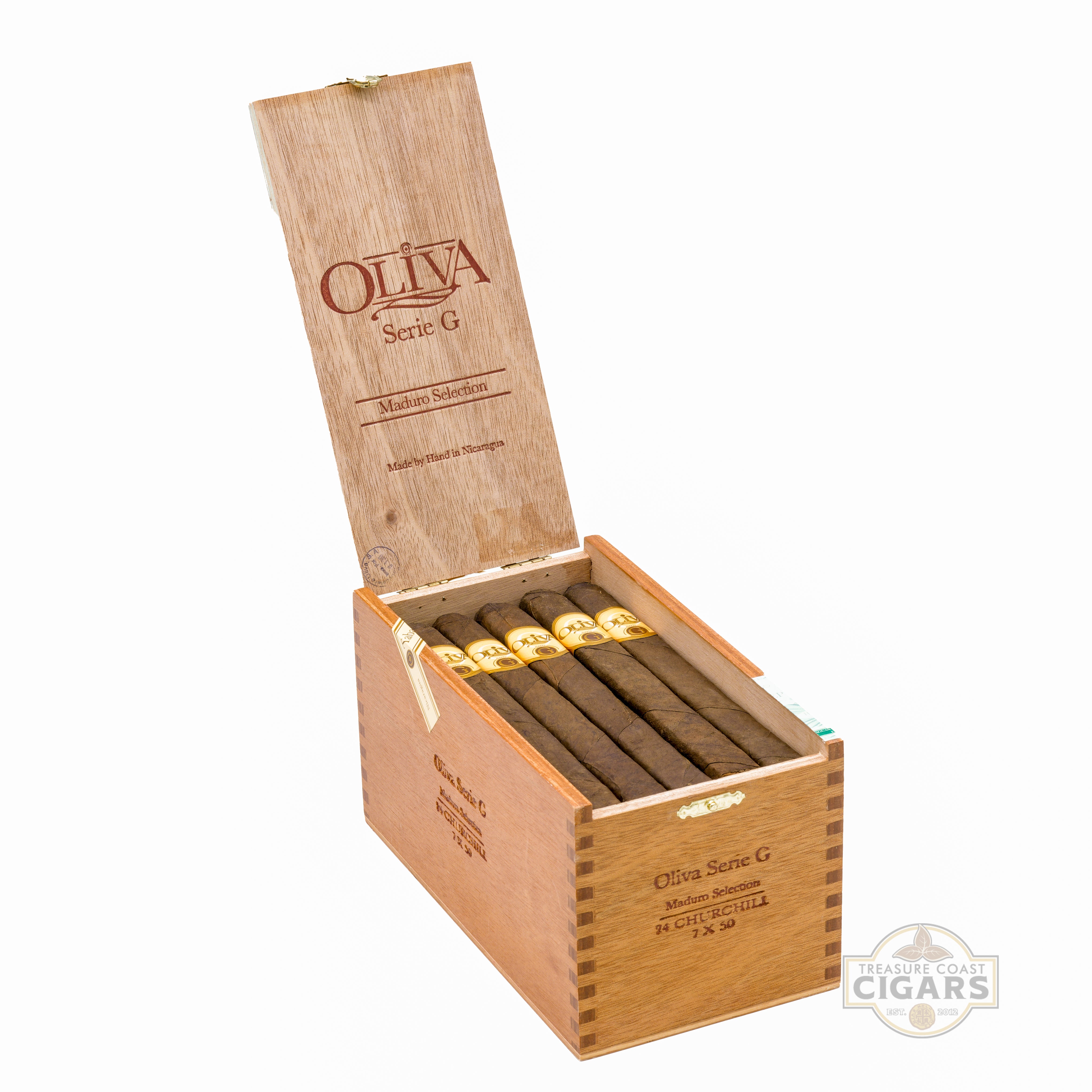 Open wooden box of Oliva cigars on a white background