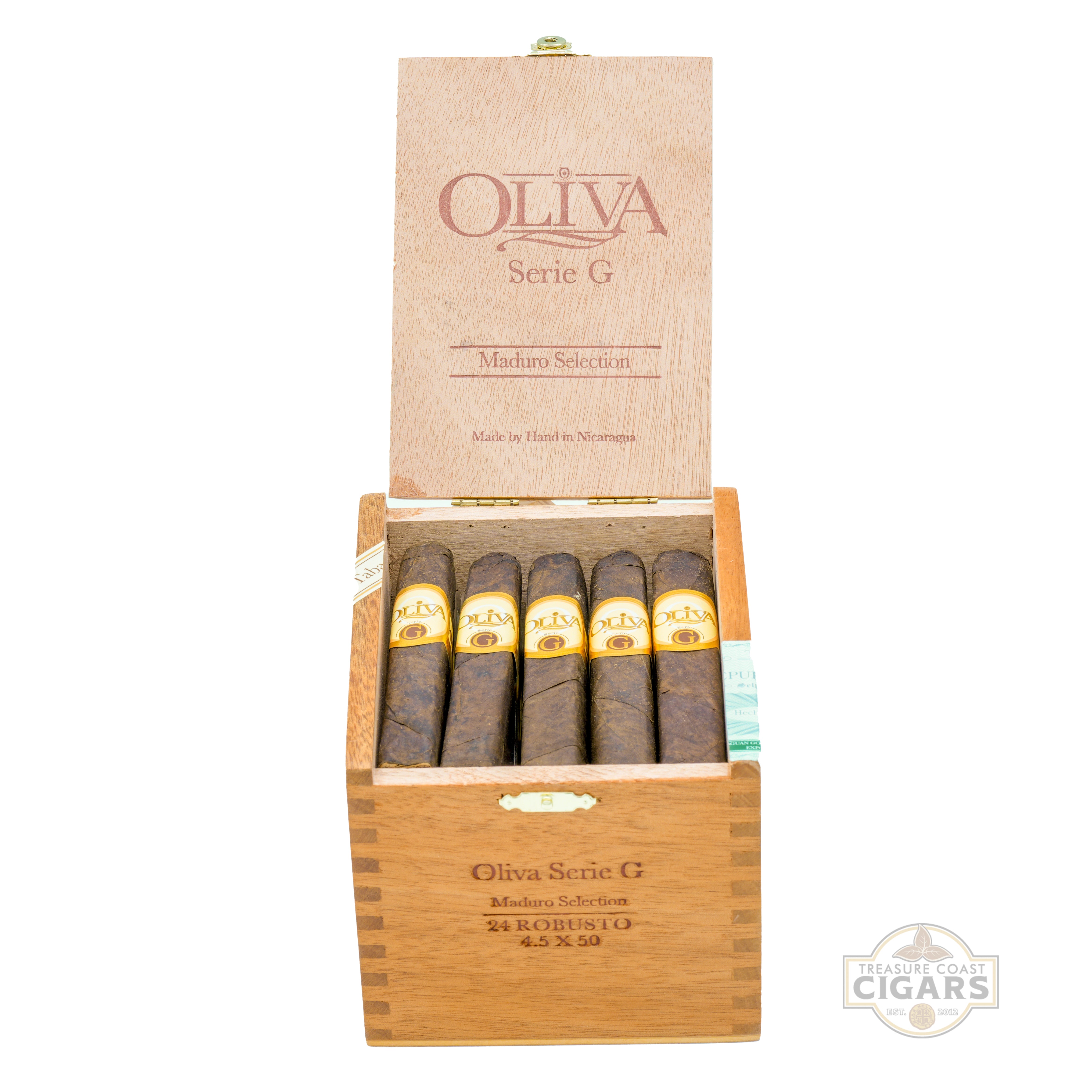 Box of Oliva Serie G cigars with a wooden box on a white background