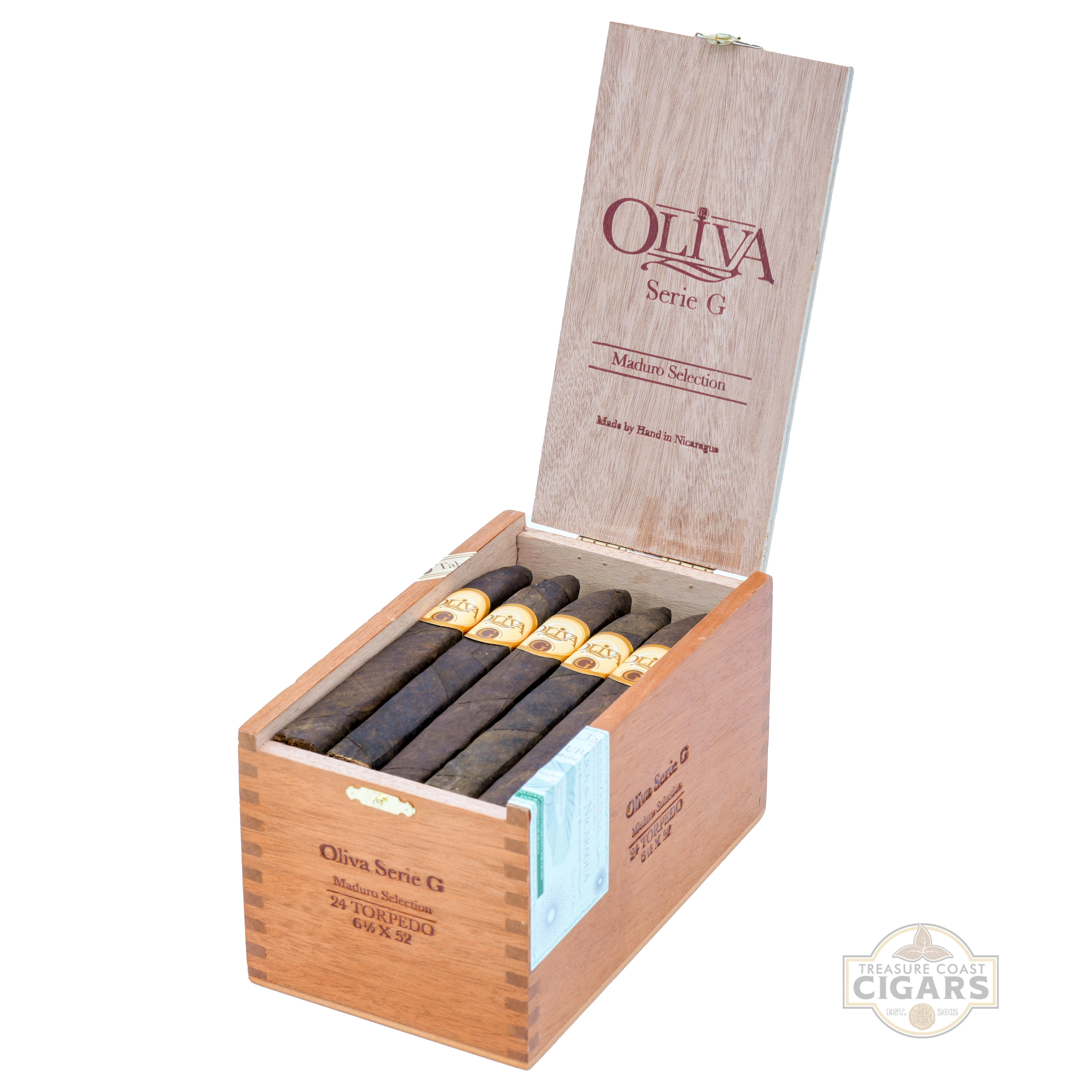 Box of Oliva Serie G cigars with wooden box on a white background