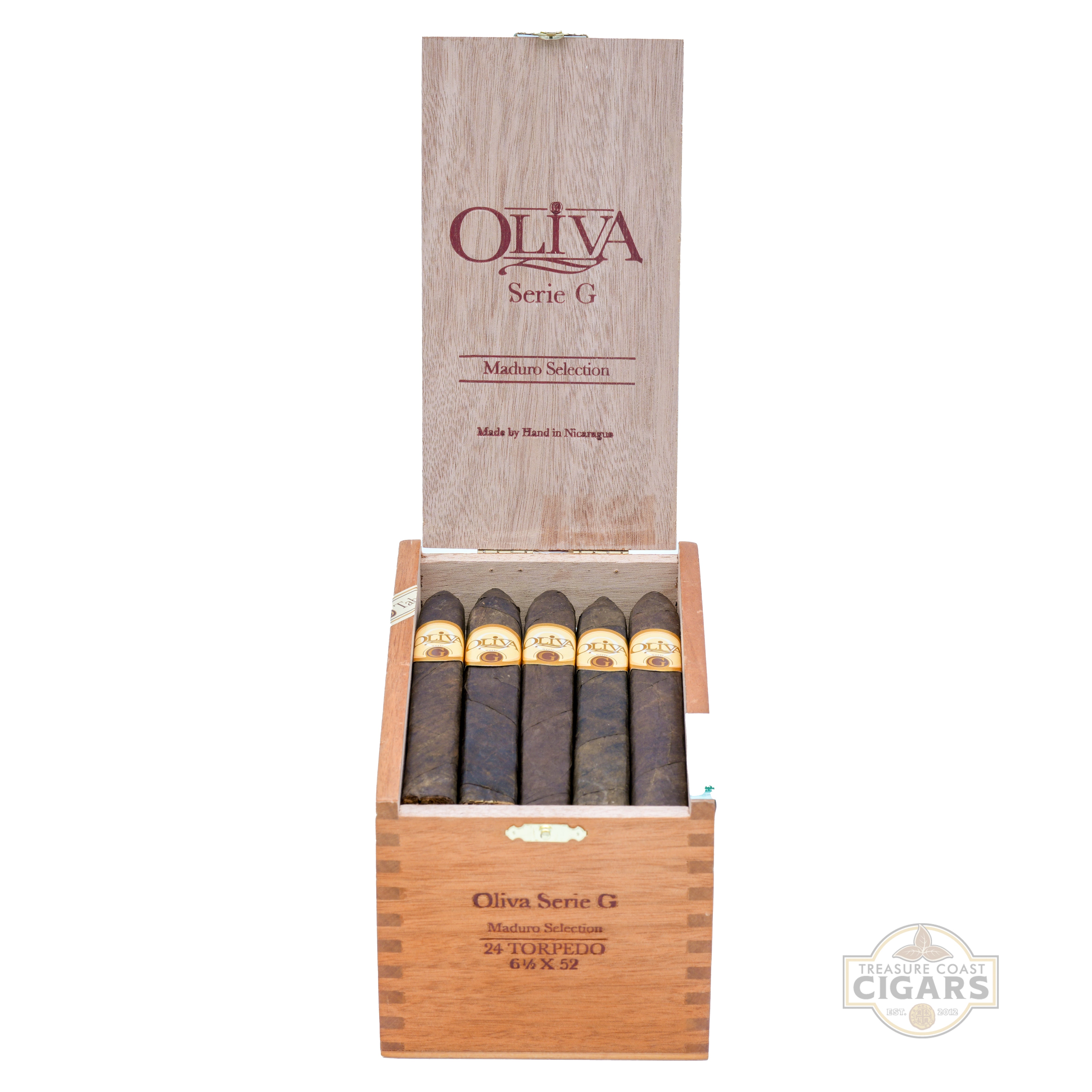 Box of Oliva Serie G cigars with wooden casing on a white background