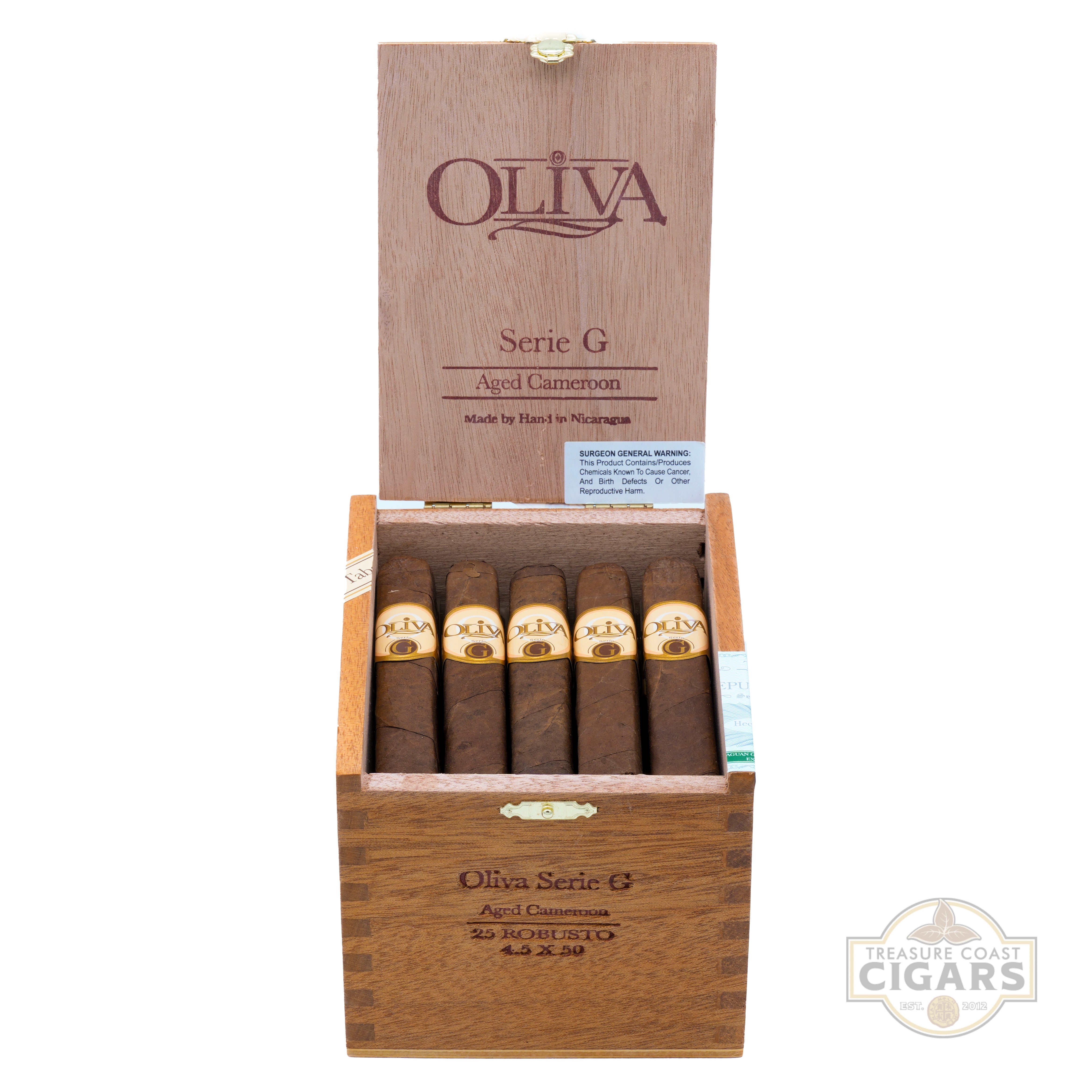 Open wooden box of Oliva Serie G robusto cigars with cigars inside on a white background.