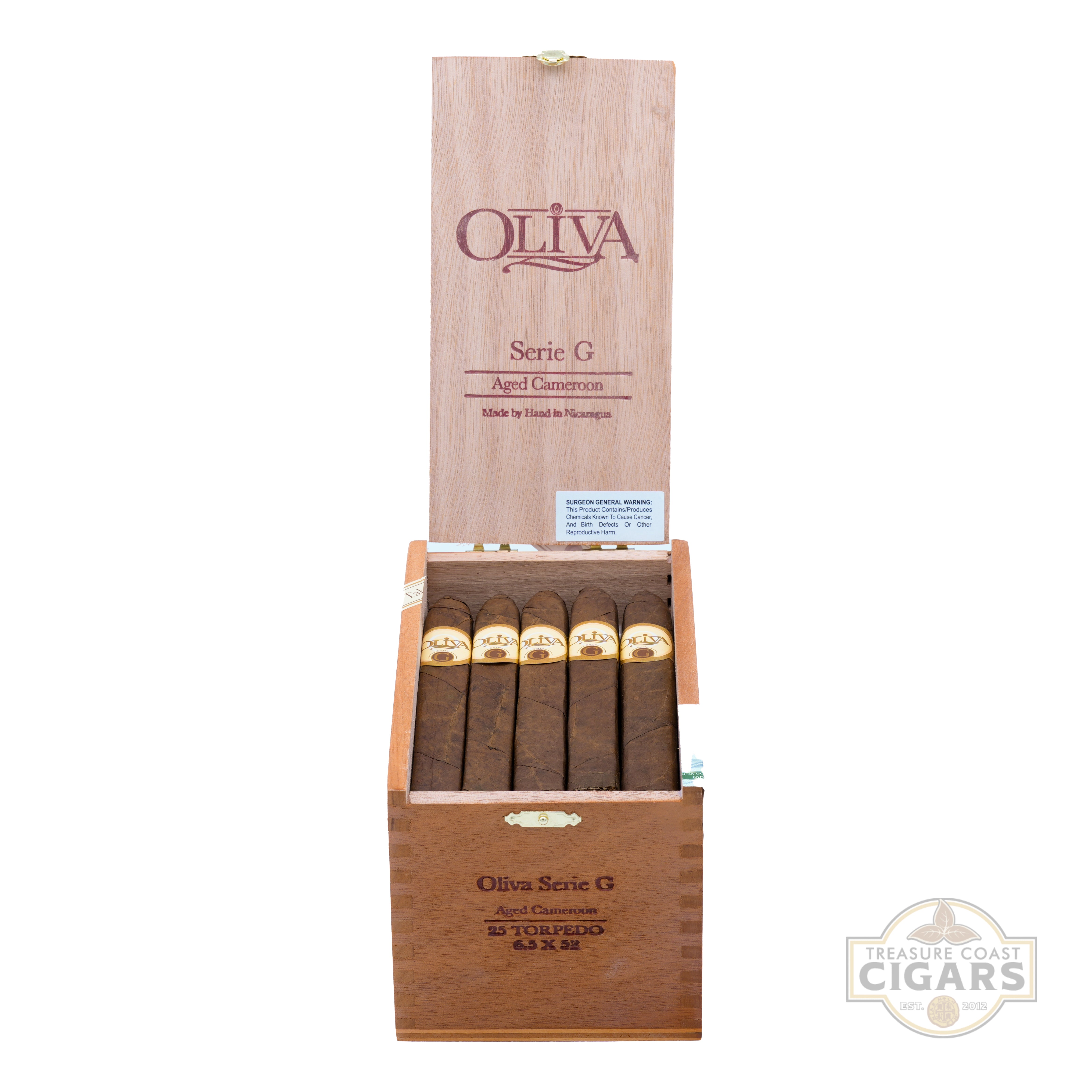 Wooden box of Oliva Serie G cigars with visible branding on a white background