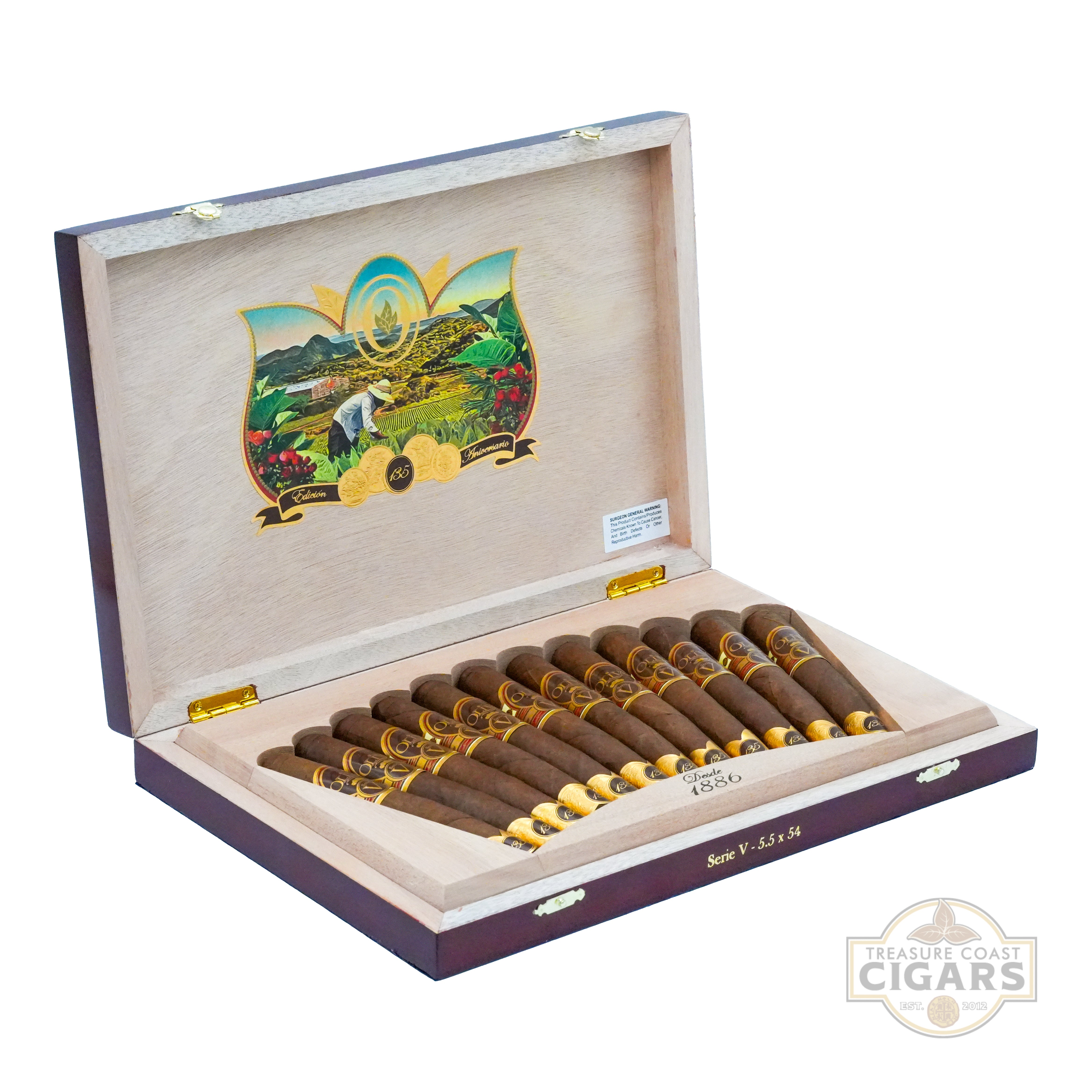 Open wooden cigar box with cigars and decorative artwork on a white background
