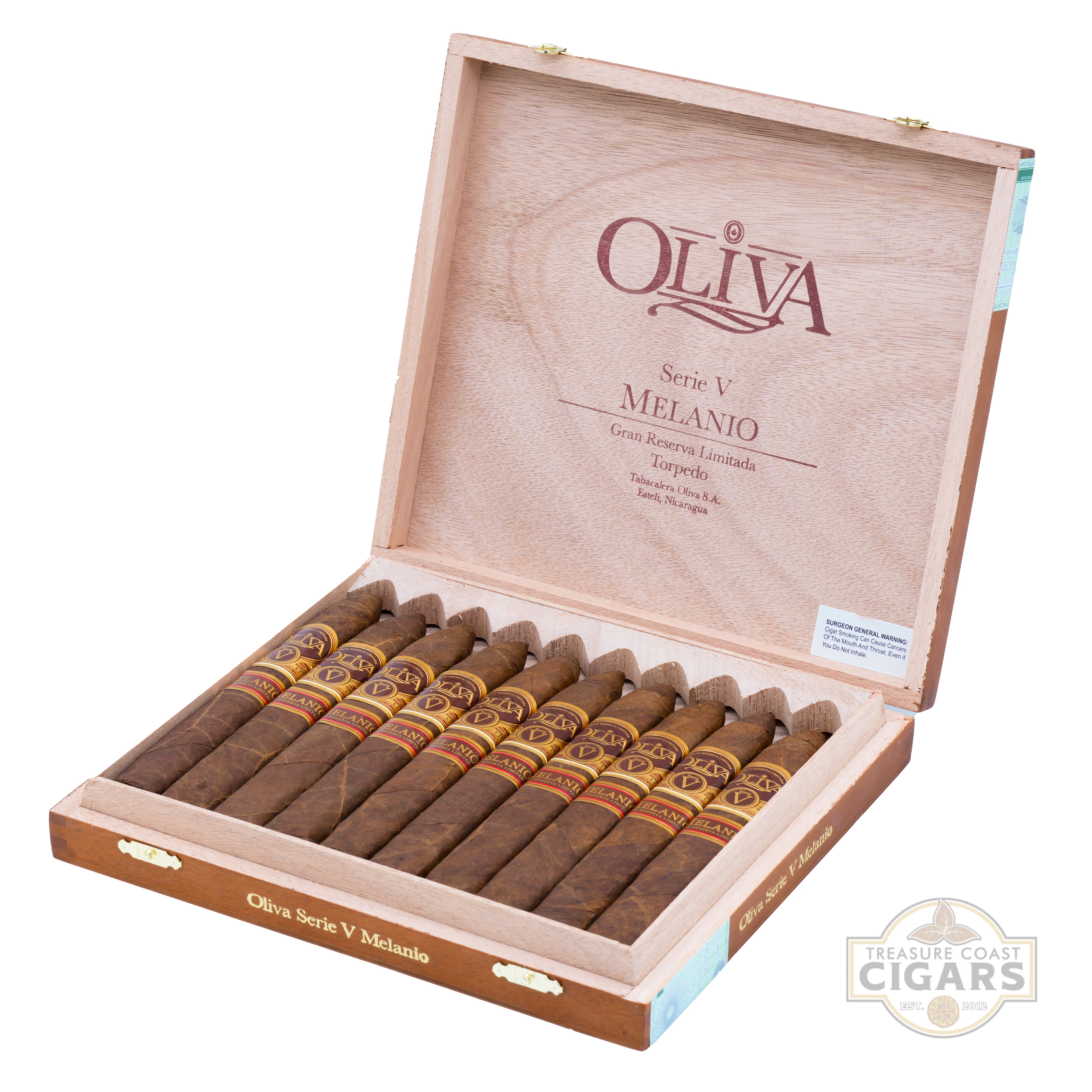Open wooden box of Oliva Serie V Melanio cigars on a white background