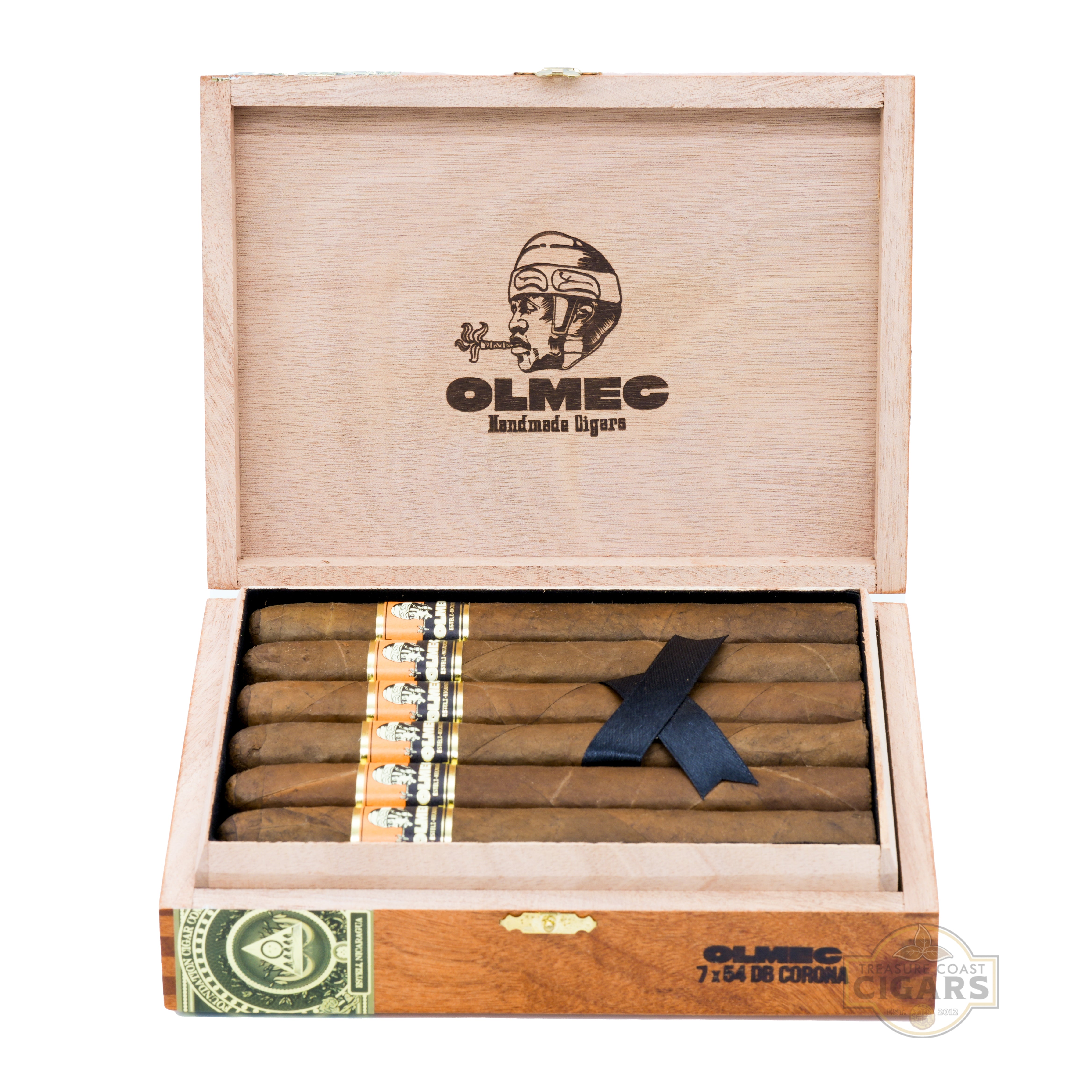 Wooden box of cigars with Olmec branding on a white background