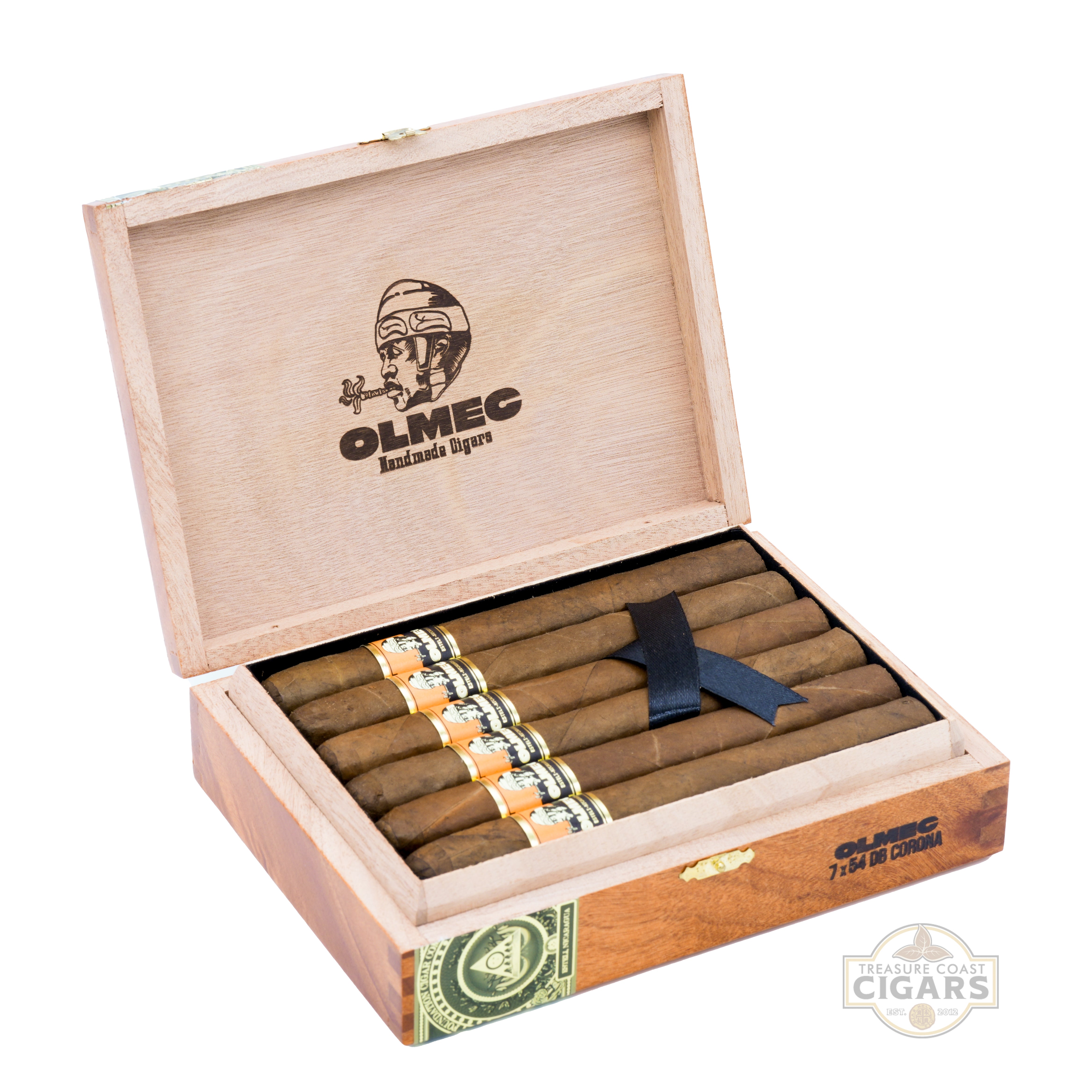 Open wooden box of Olmec cigars with cigars inside on a white background