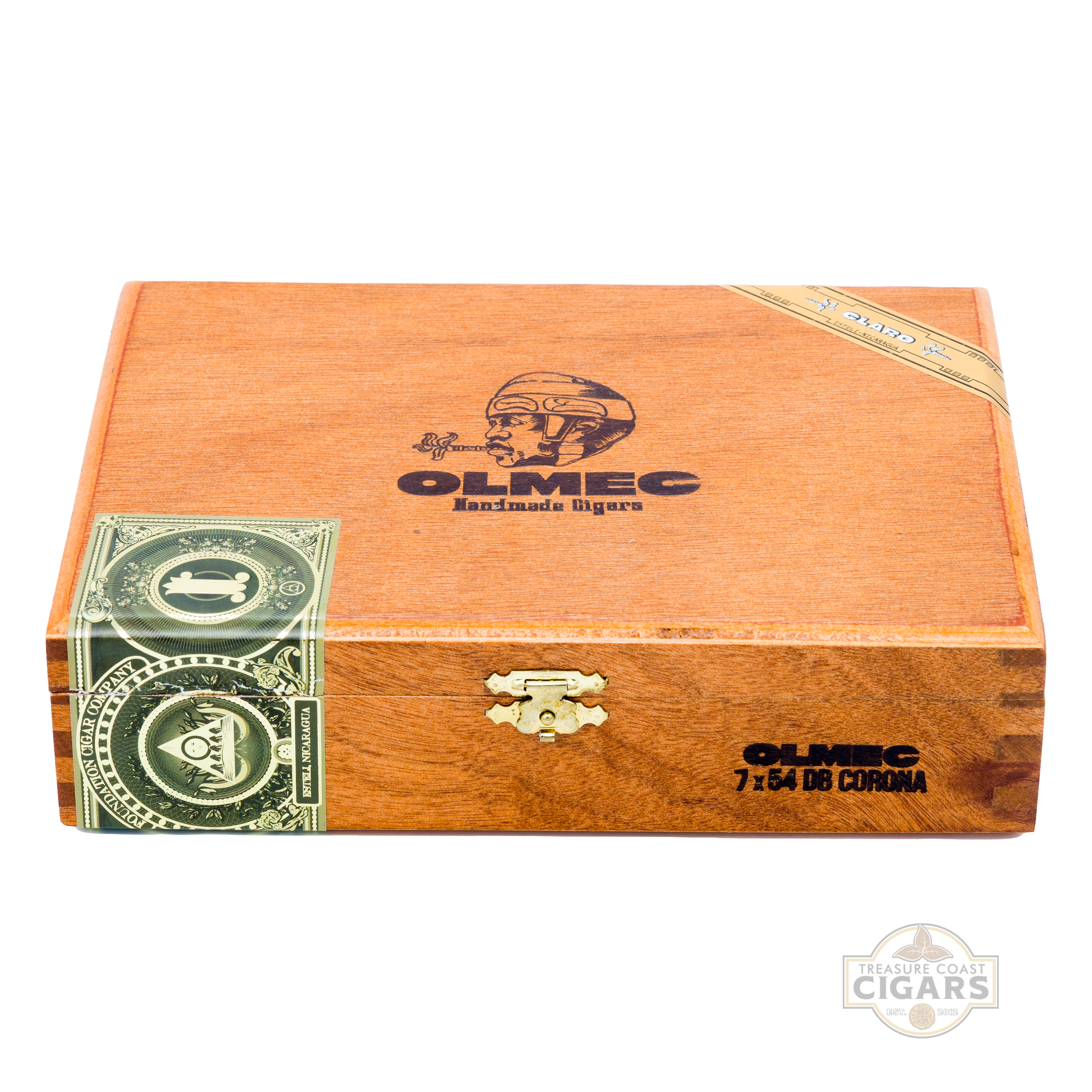 Wooden cigar box with Olmec branding on a white background
