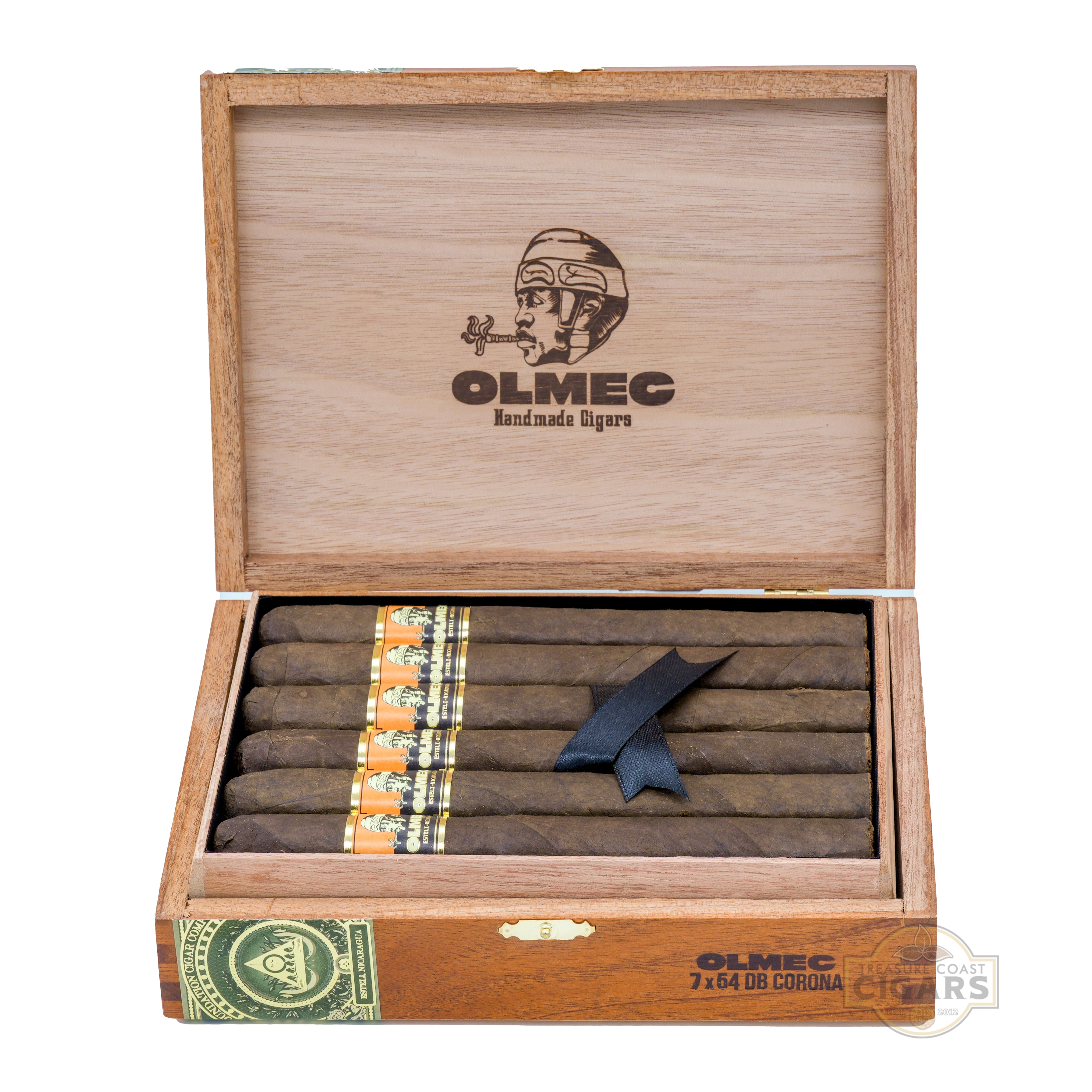 Open wooden box of Olmec cigars with cigars inside on a white background