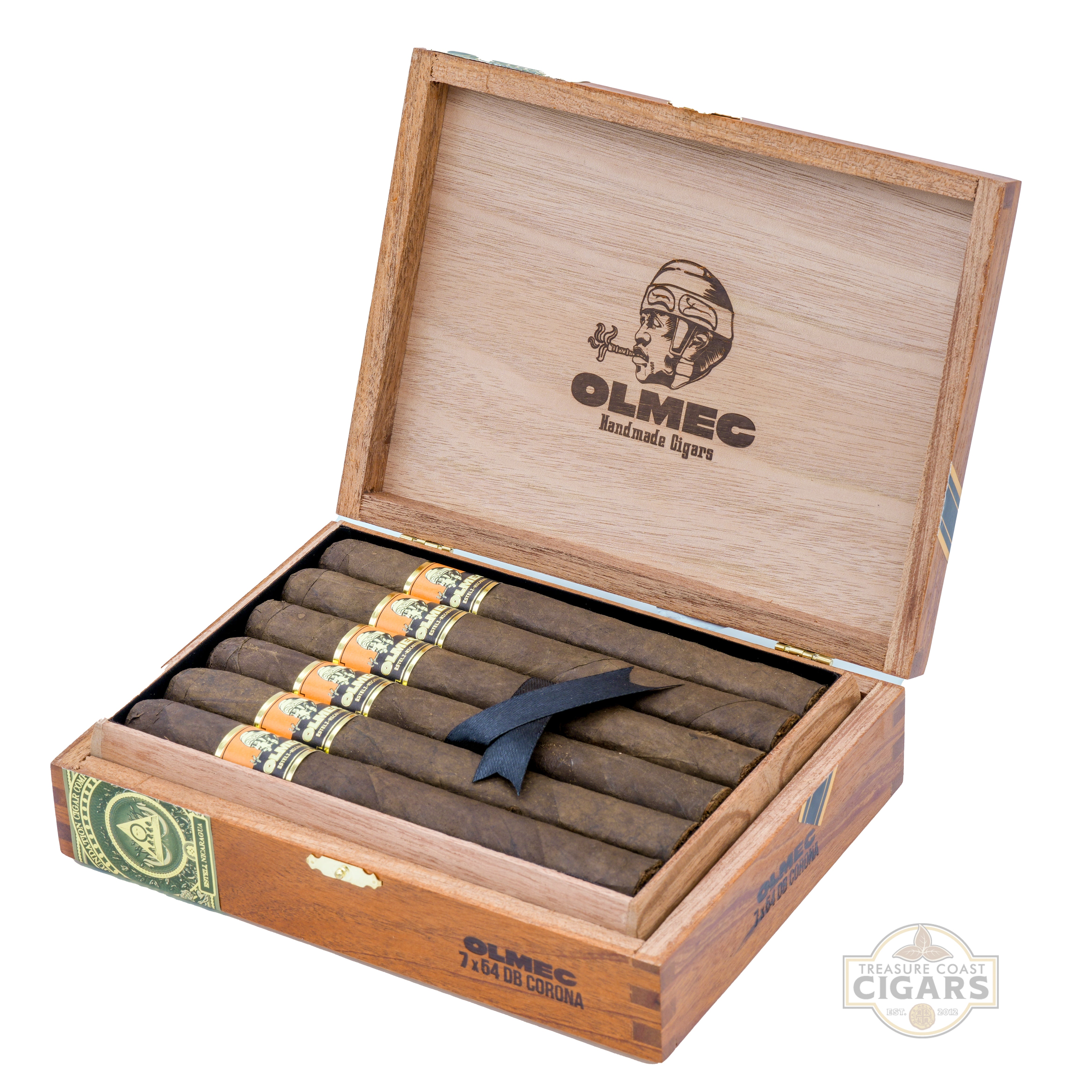 Wooden box of Olmec cigars with cigars inside on a white background