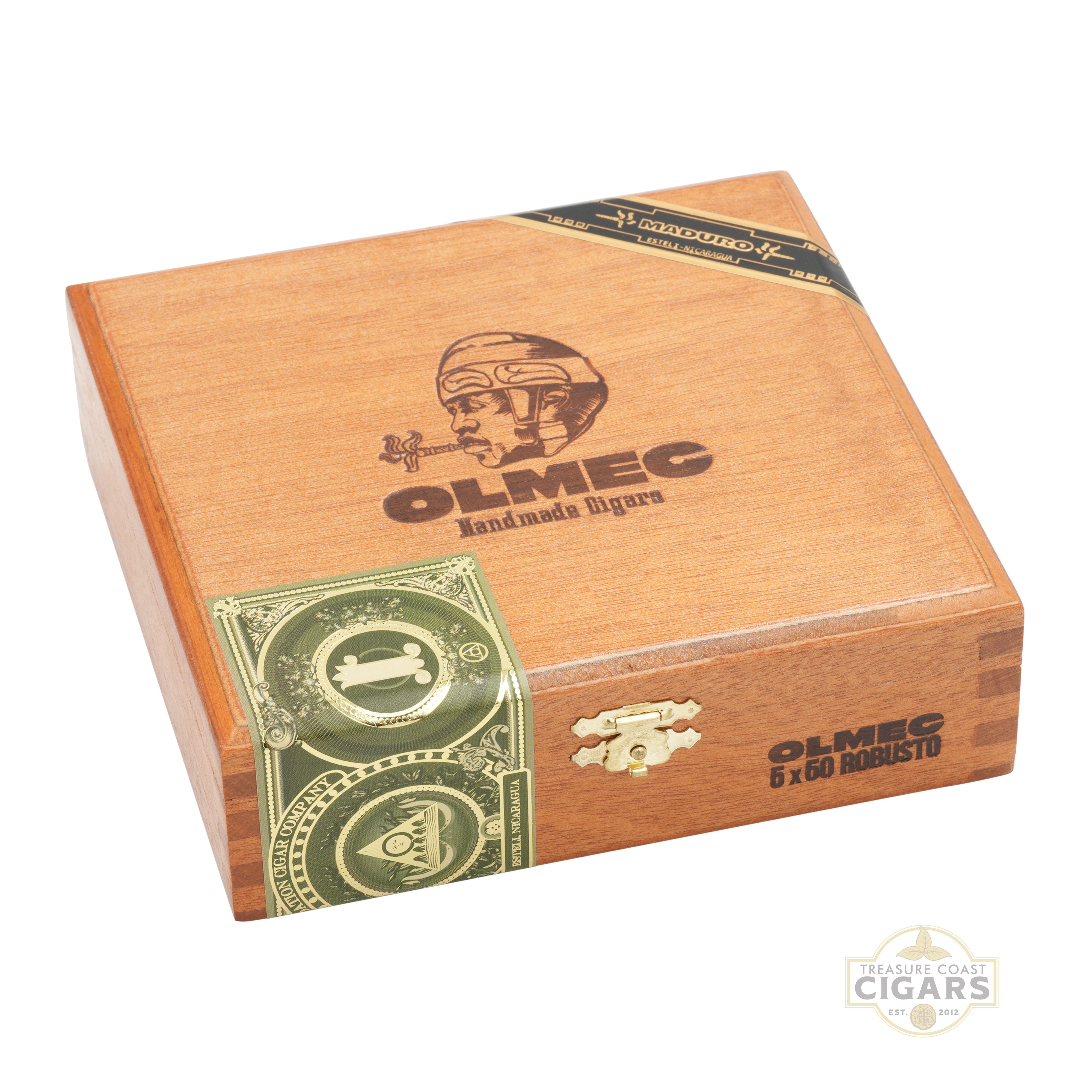 Olmec cigars box with branding and design elements on a white background