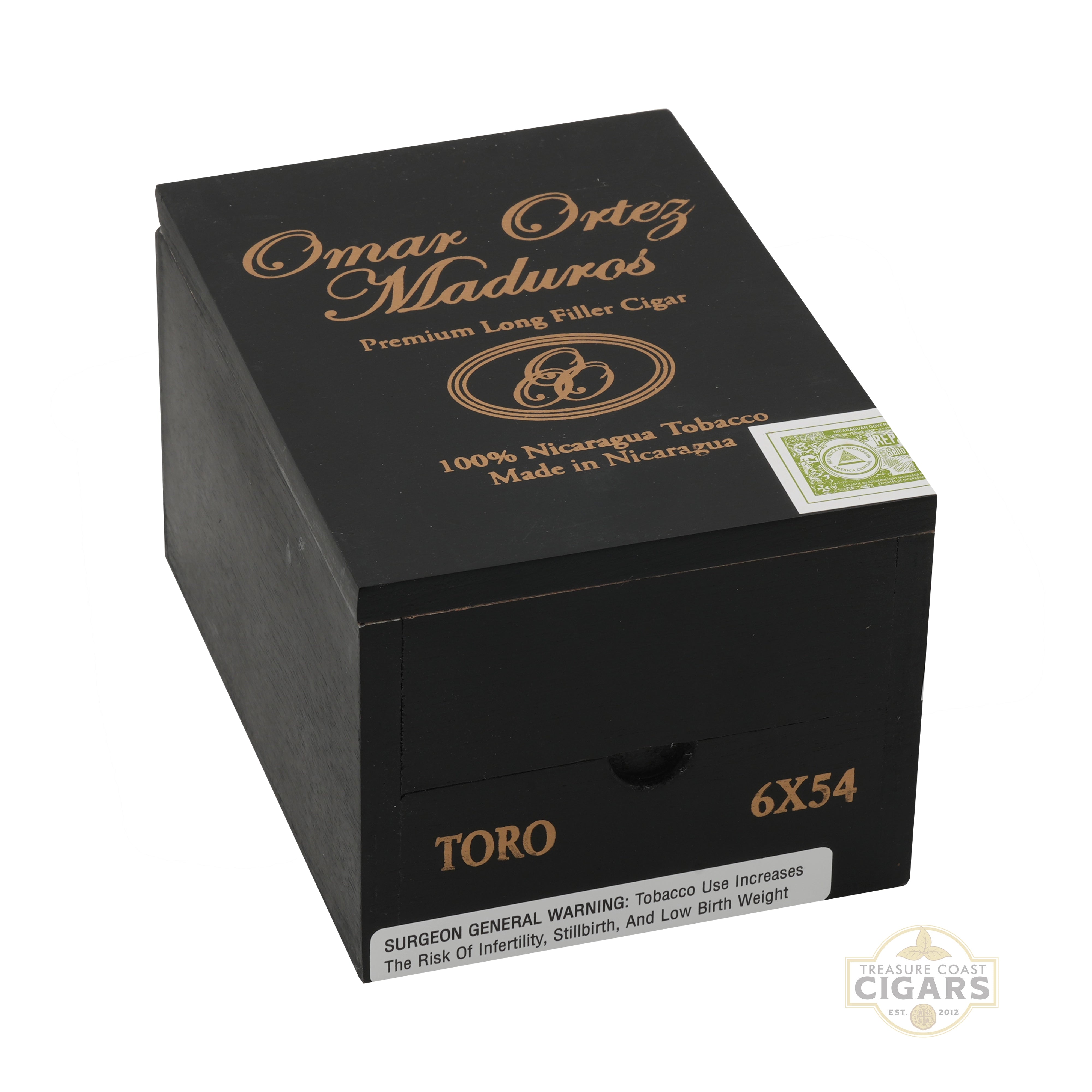 Black Omar Ortez Originals Maduro Toro cigar box with gold text on a white background