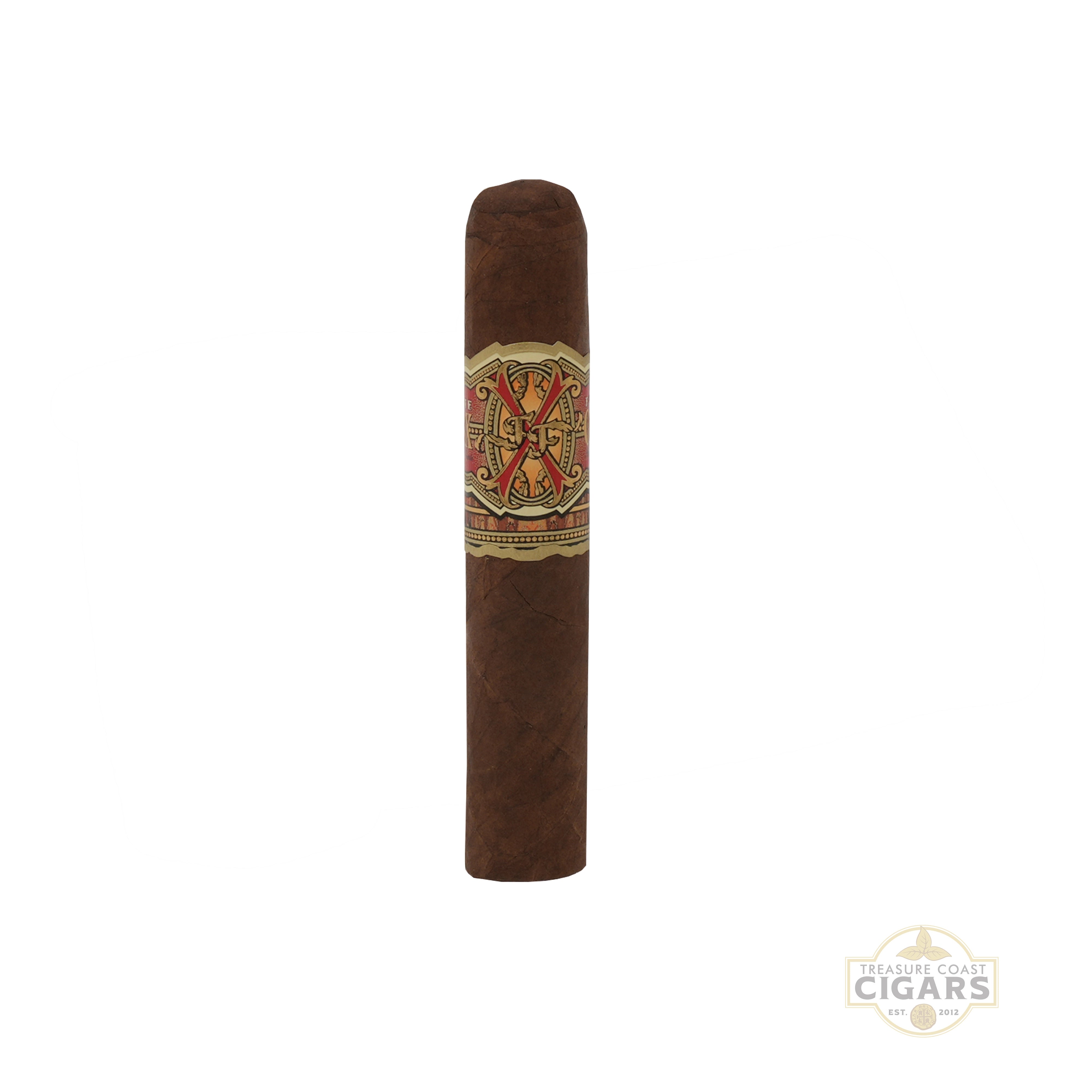 A single dark brown cigar with a decorative multicolor band, shown vertically against a plain white background.