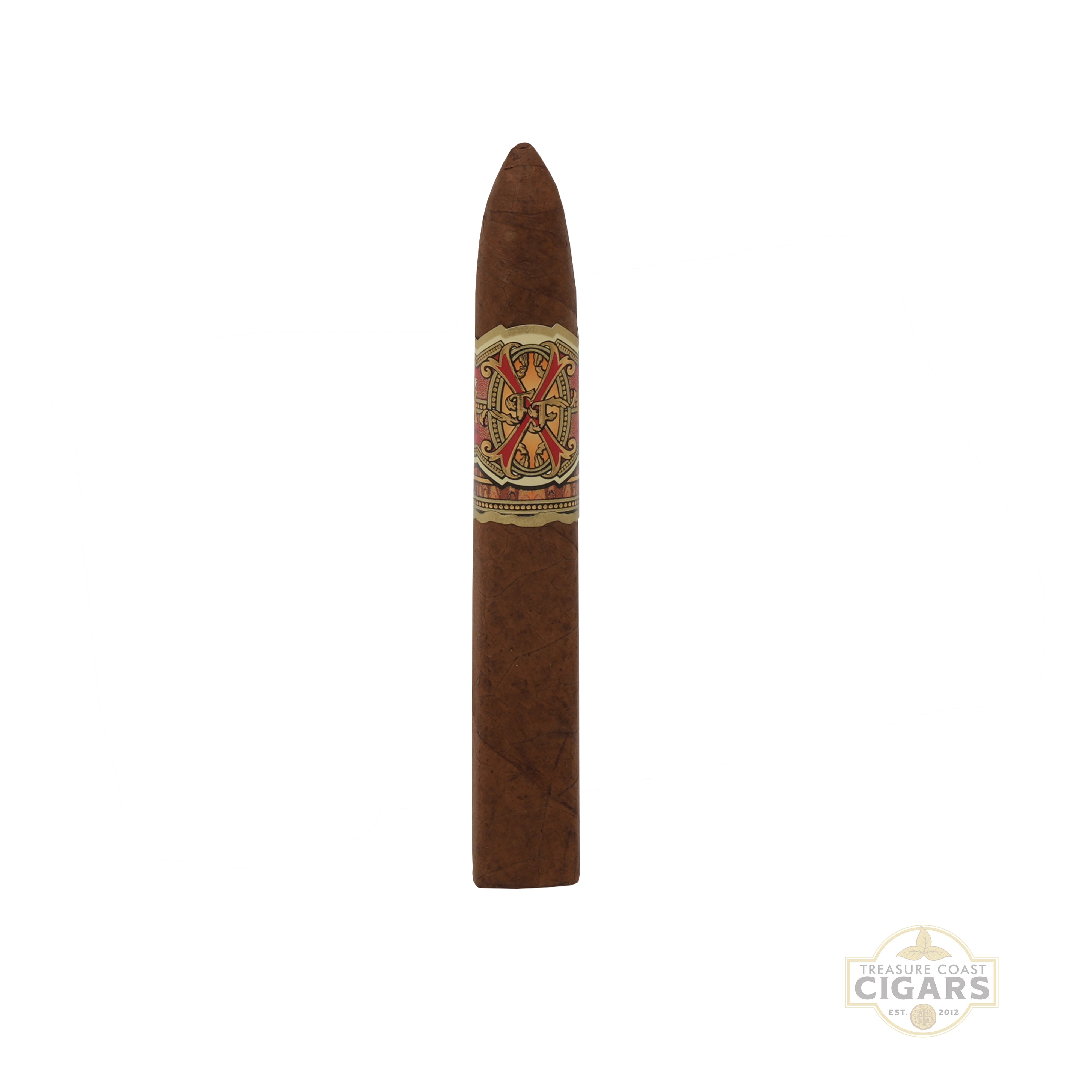 A single brown cigar with a decorative multicolor band, centered on a plain white background. A small 'Treasure Coast Cigars' logo watermark is visible in the bottom right corner.