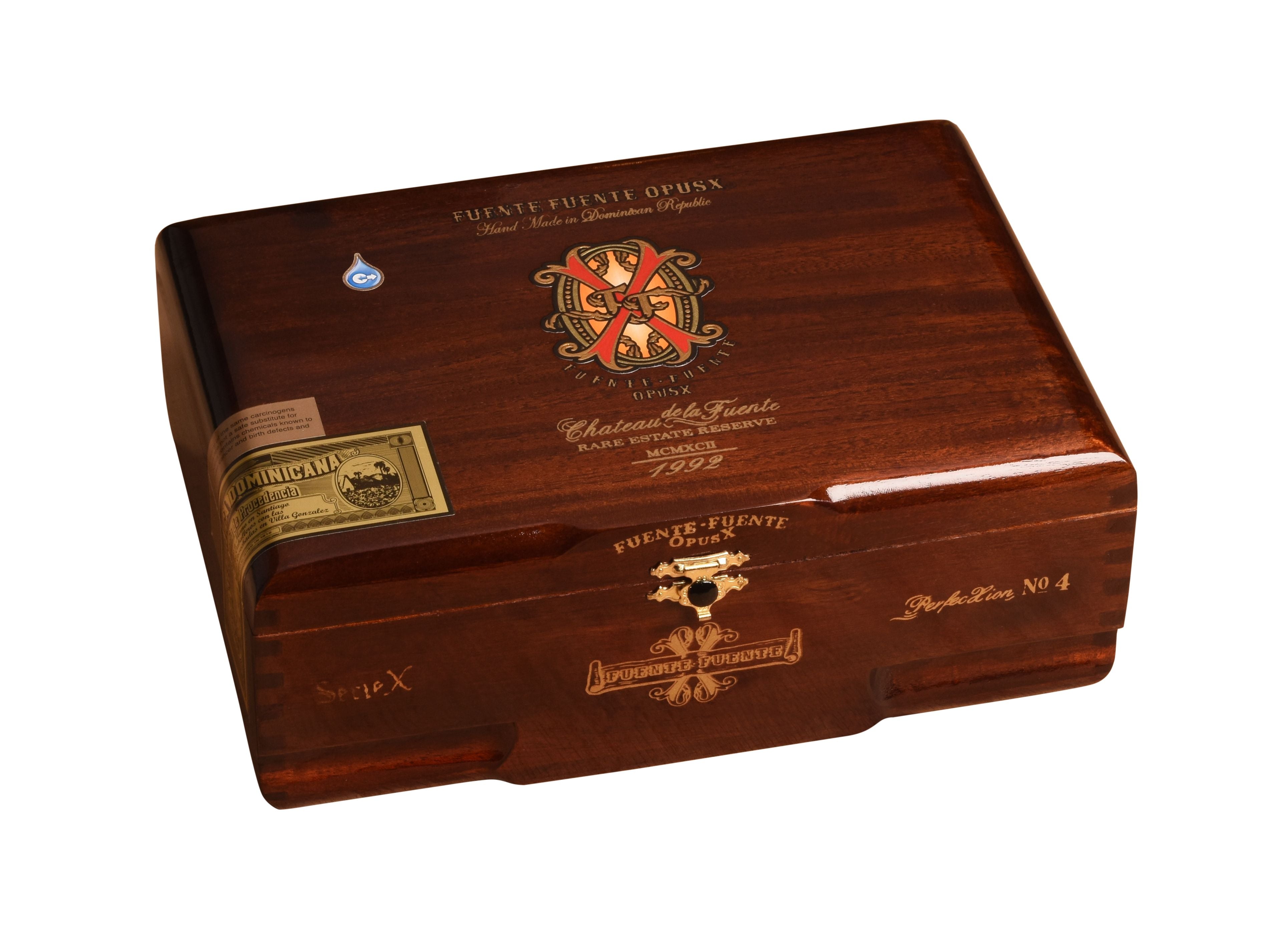 Wooden cigar box with brand logos on a white background