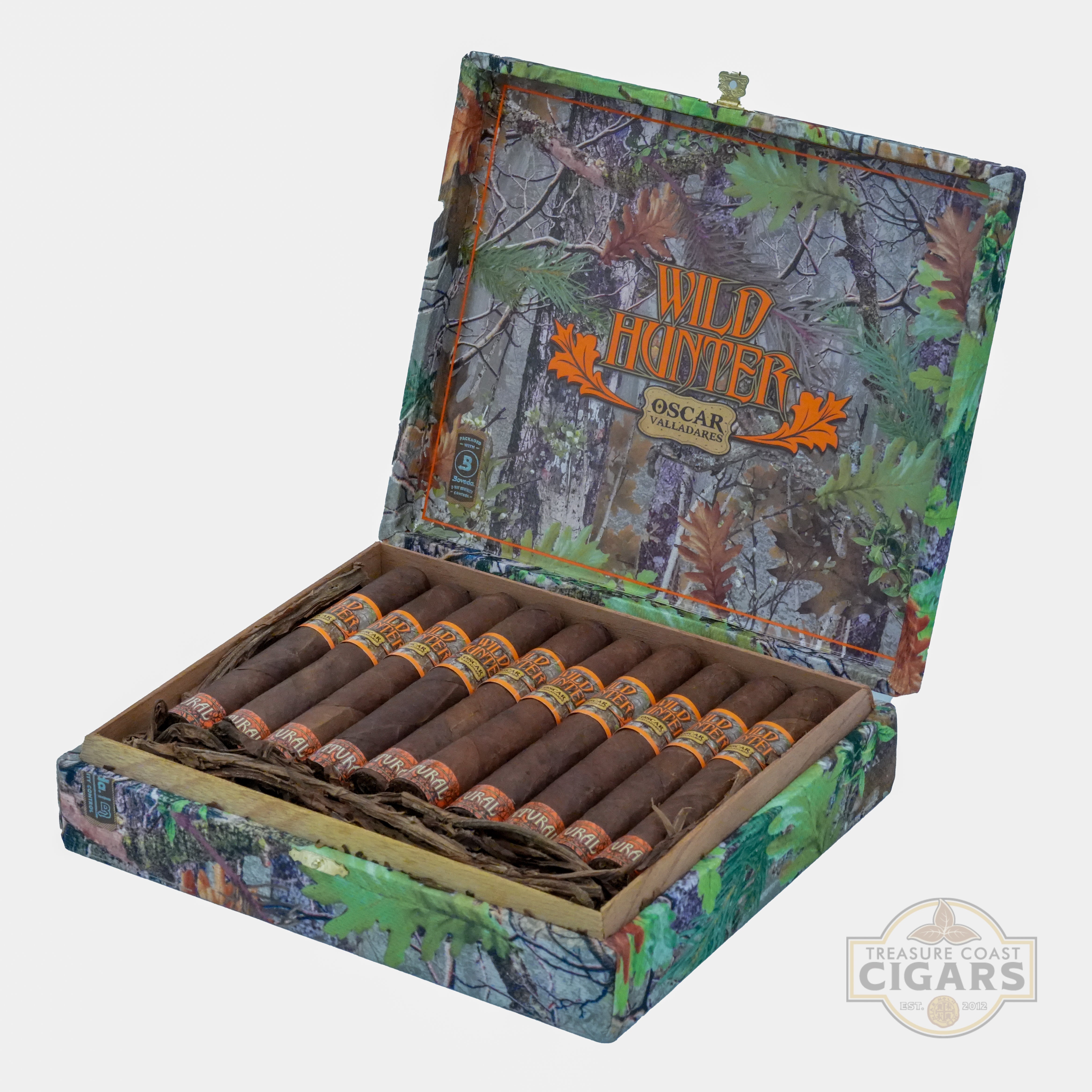 Open box of Wild Hunter cigars with a camouflage design on a white background
