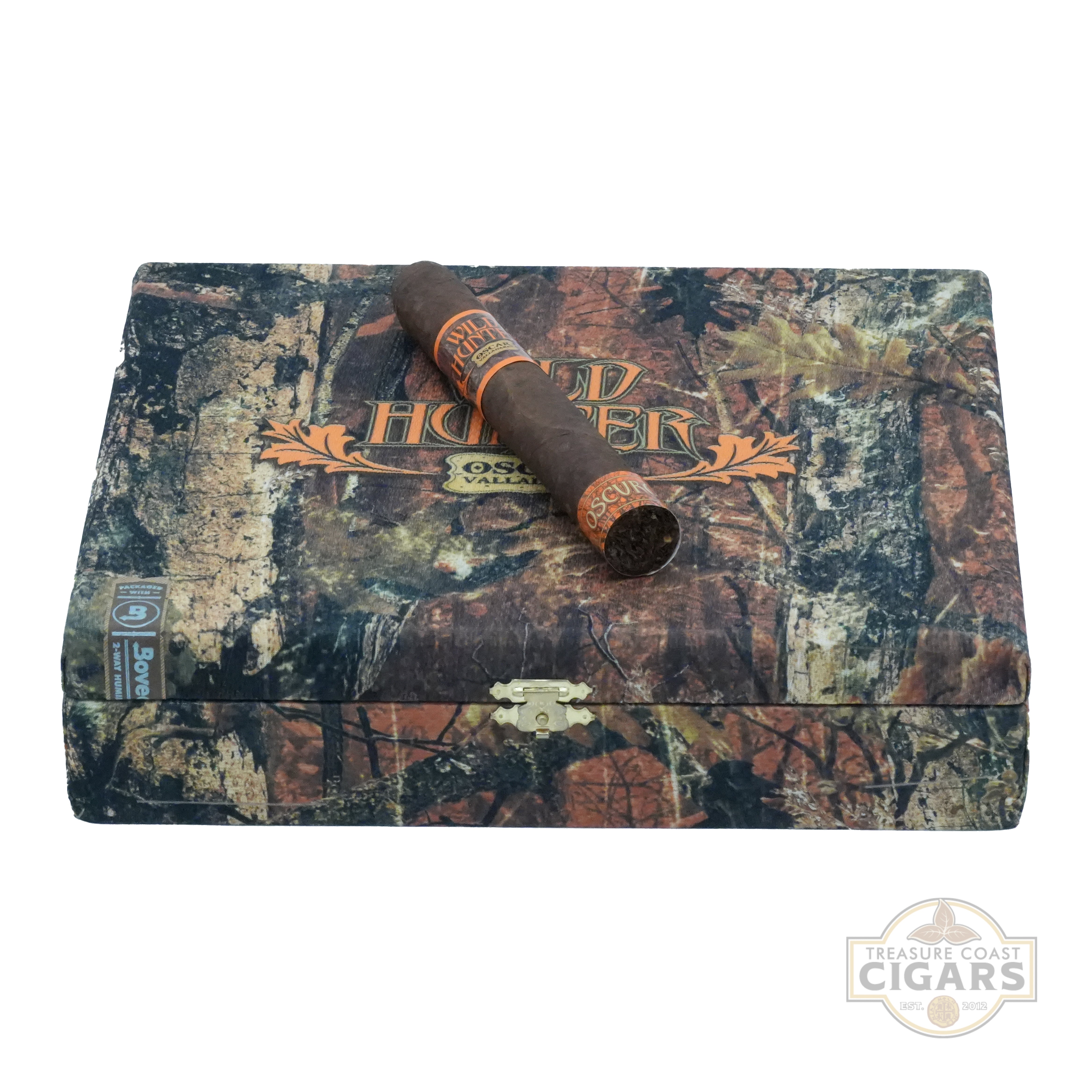 Camouflage cigar box with a cigar on a white background