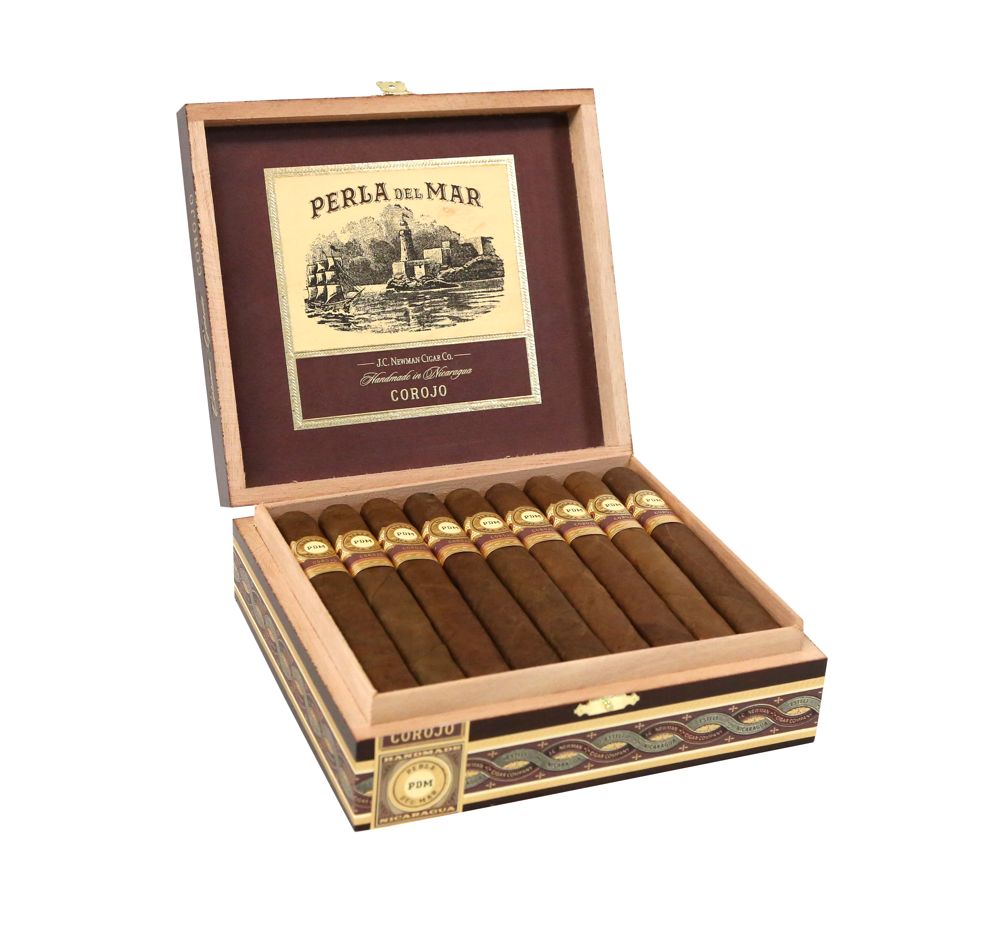 Open cigar box with cigars and Perla del Mar label on a white background