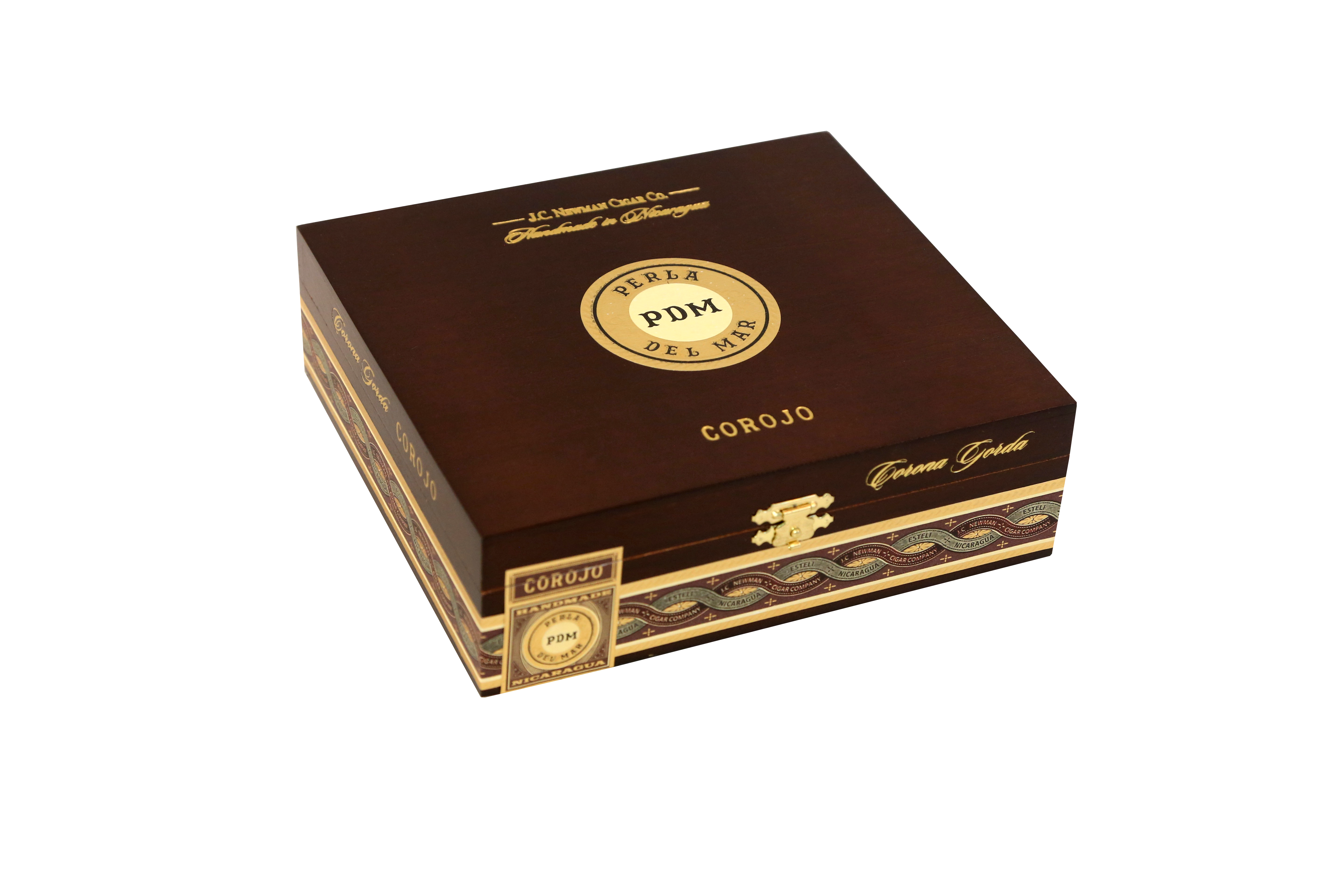 Cigar box with gold accents and 'PDM' branding on a white background