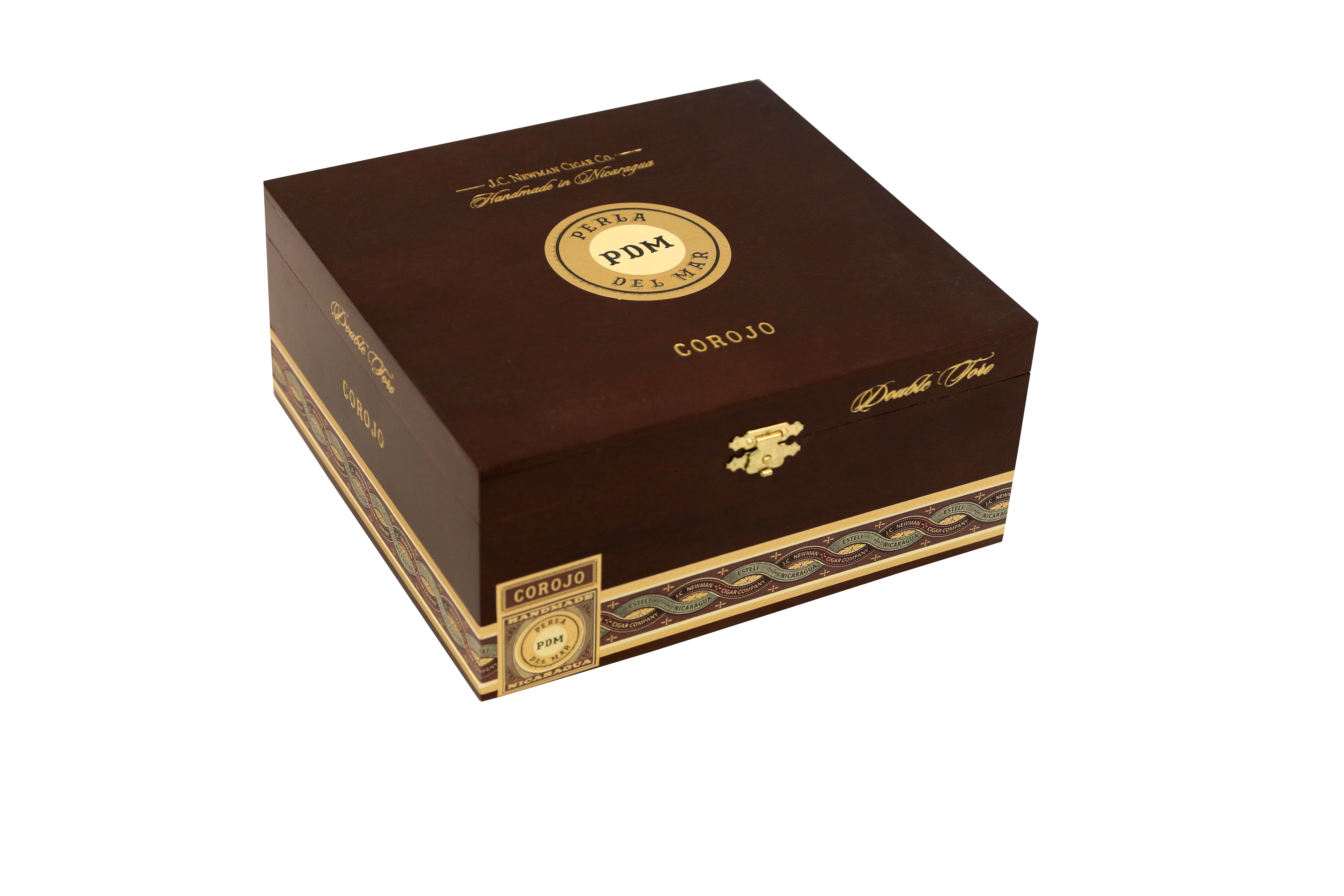 Brown cigar box with gold accents on a white background