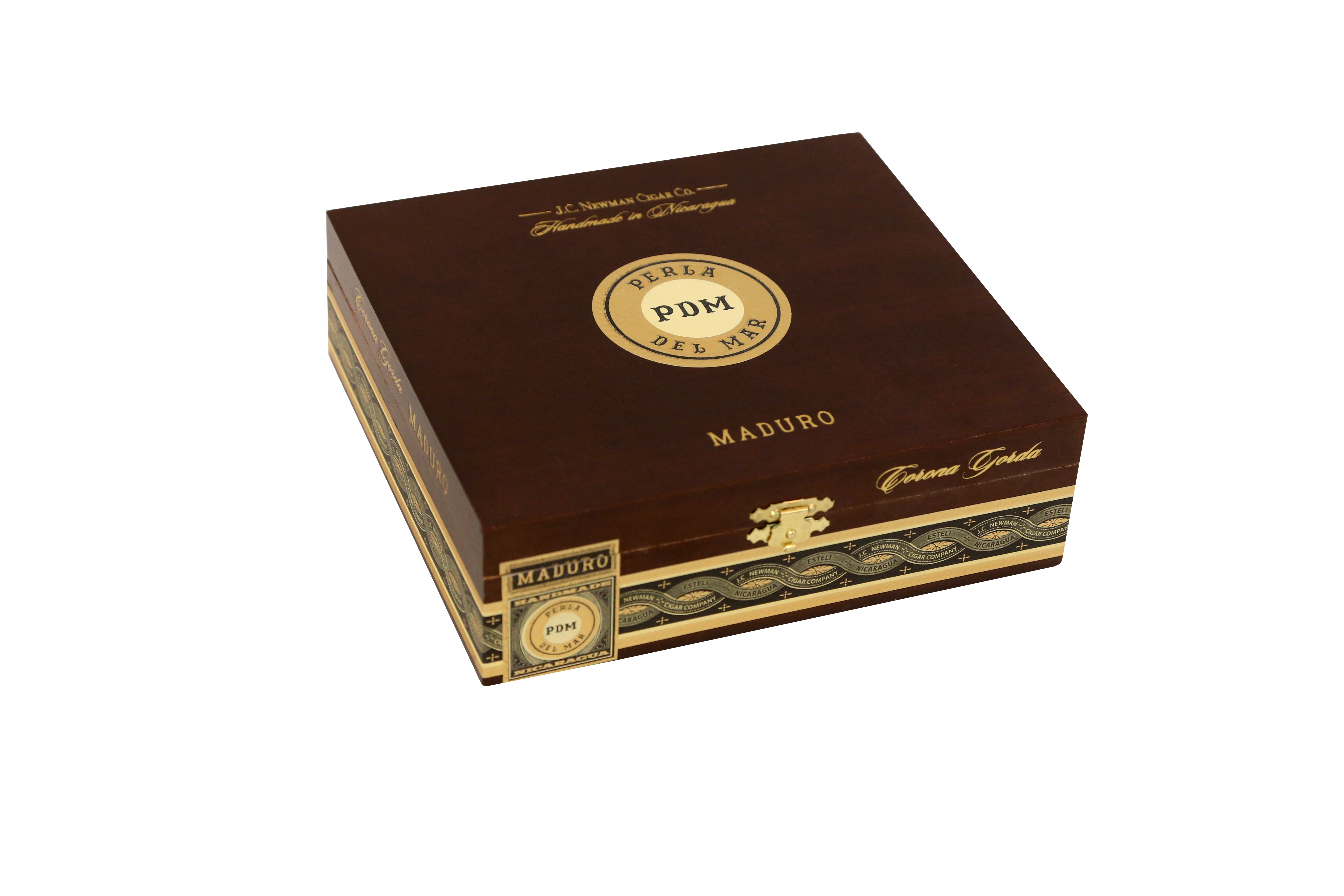 Cigar box with 'PDM' branding on a white background