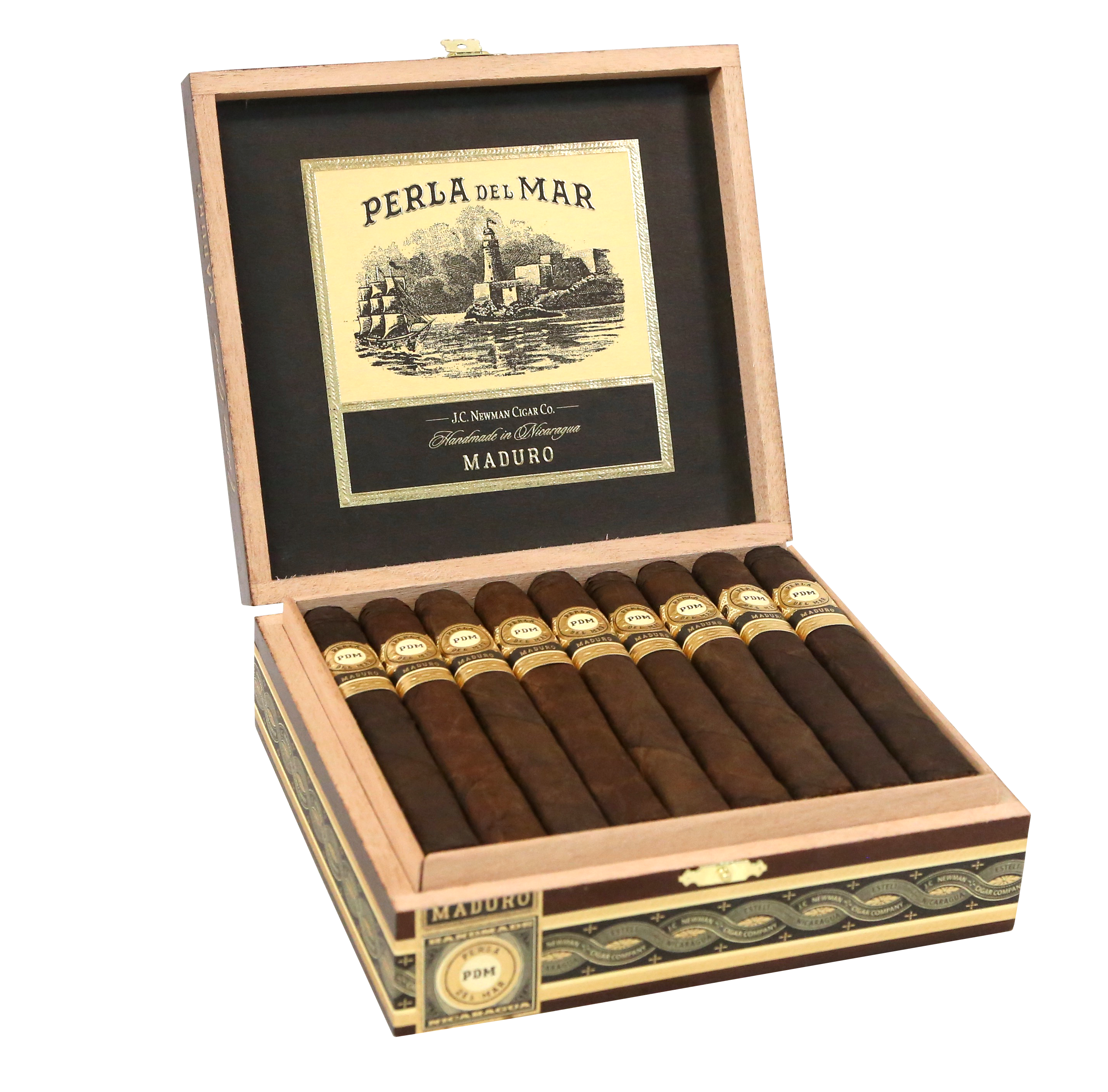 Open box displaying Perla del Mar cigars with a visible label.