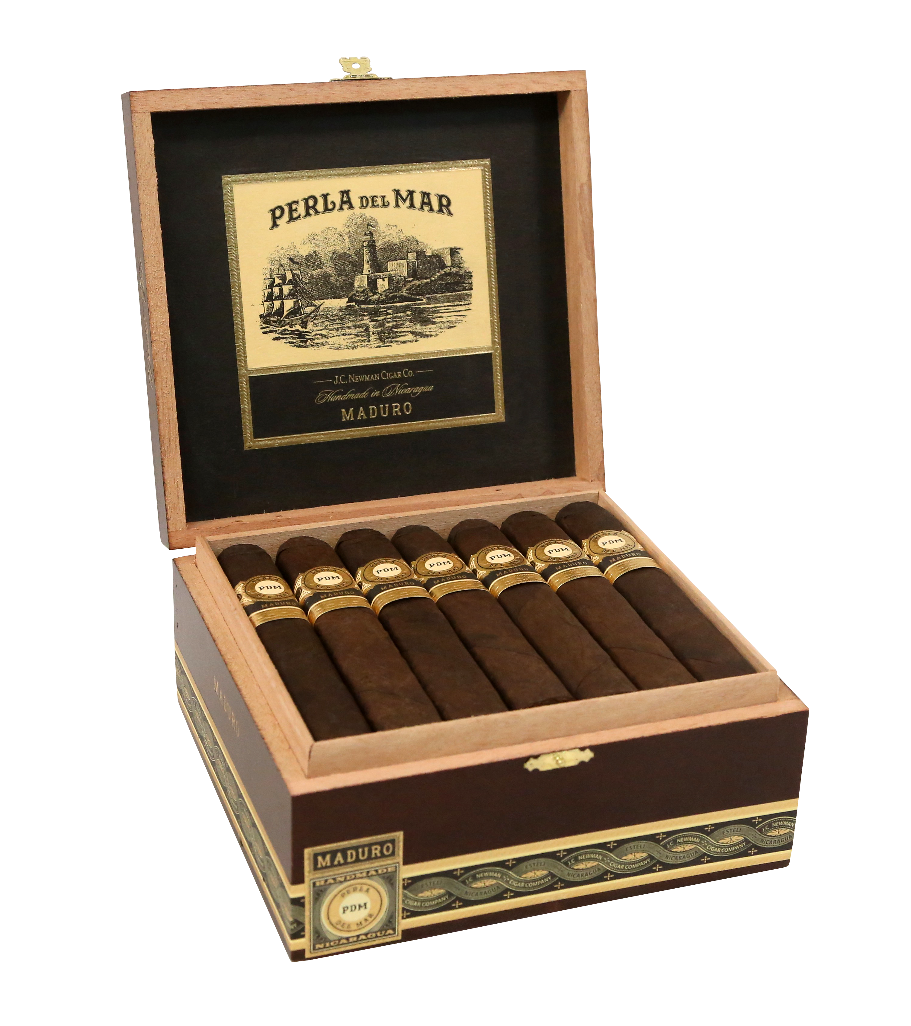 Open wooden box displaying Perla del Mar cigars with a visible label.