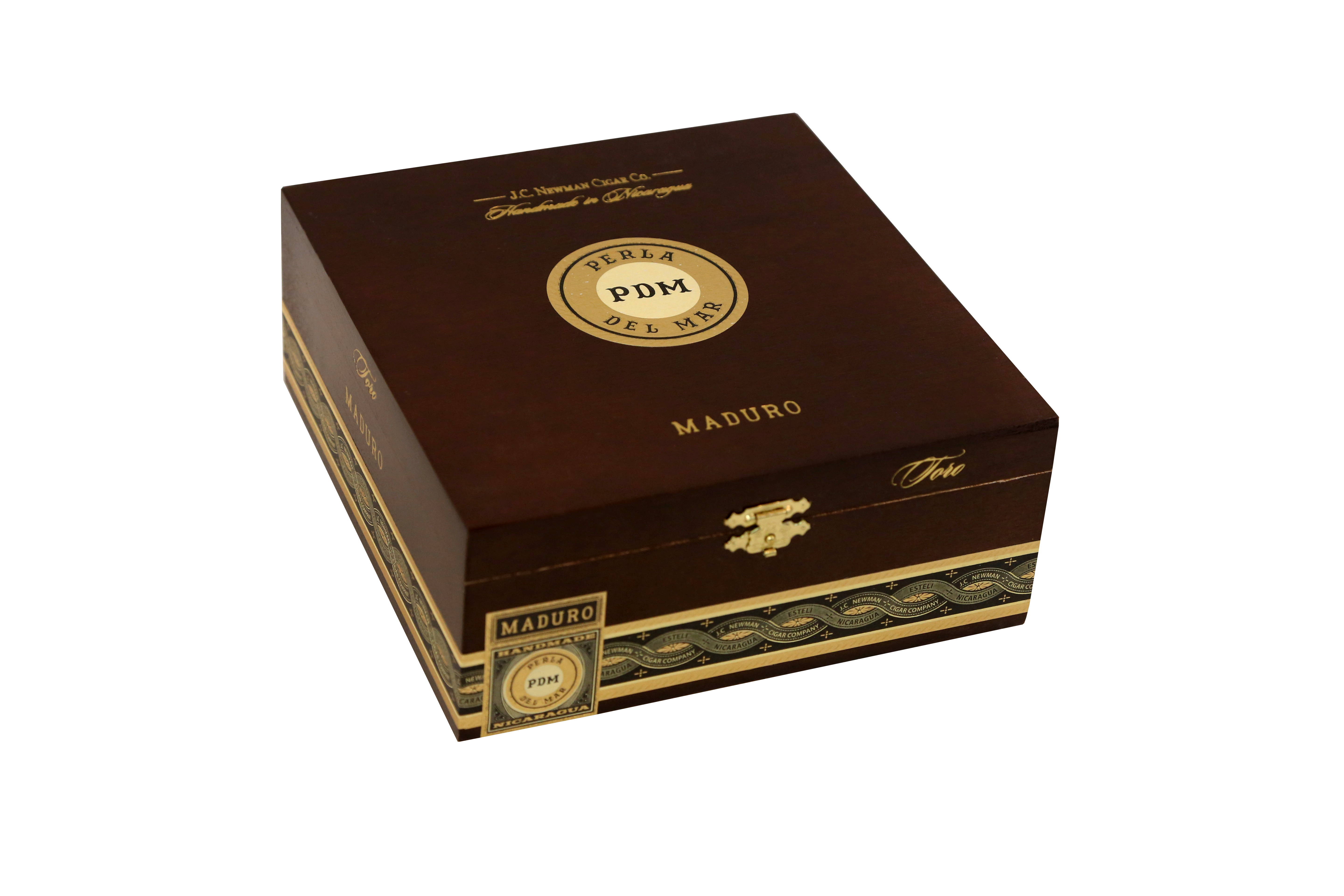 Cigar box with 'PDM' branding on a white background