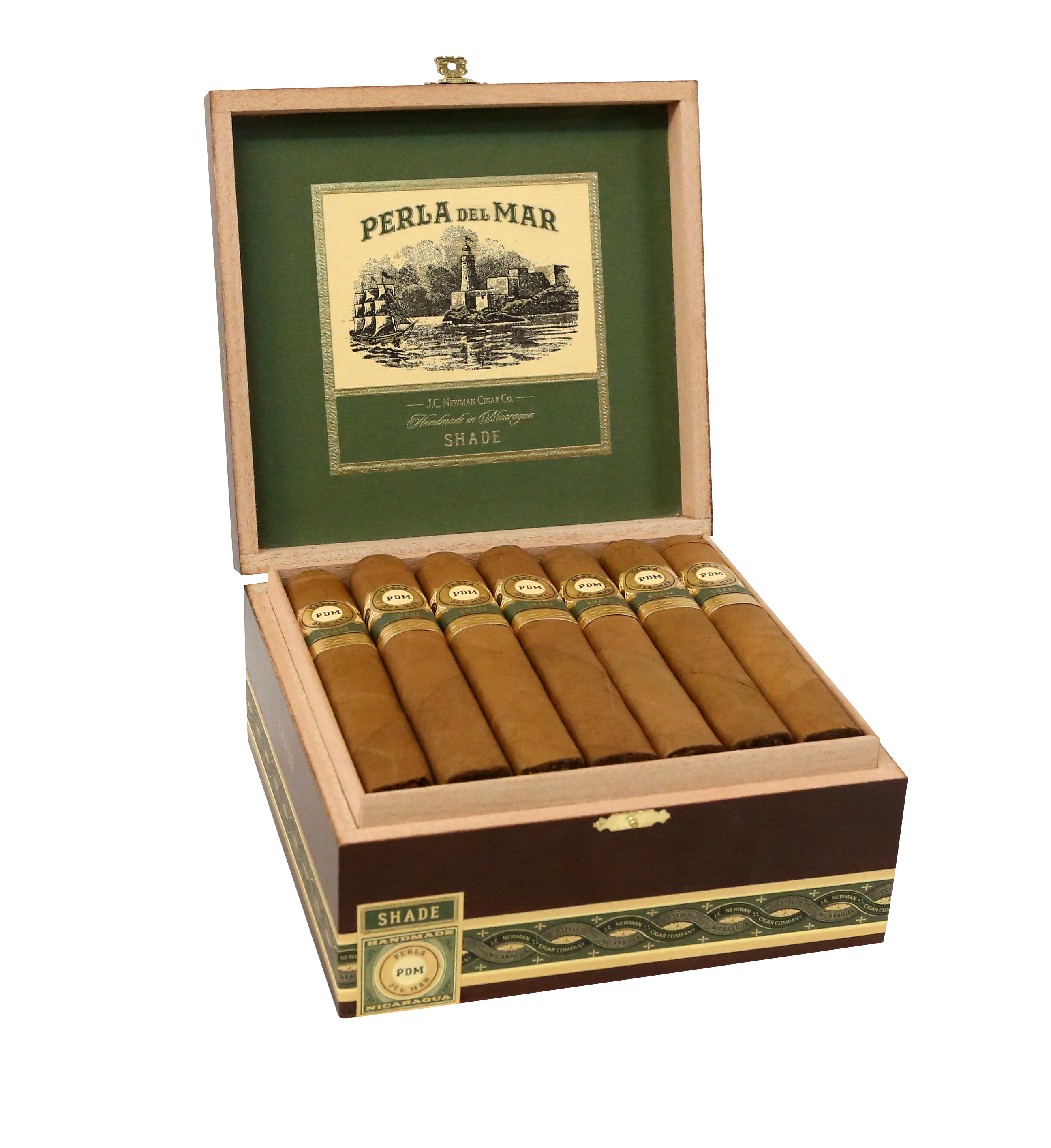 Open wooden box of Perla del Mar cigars with cigars inside on a white background