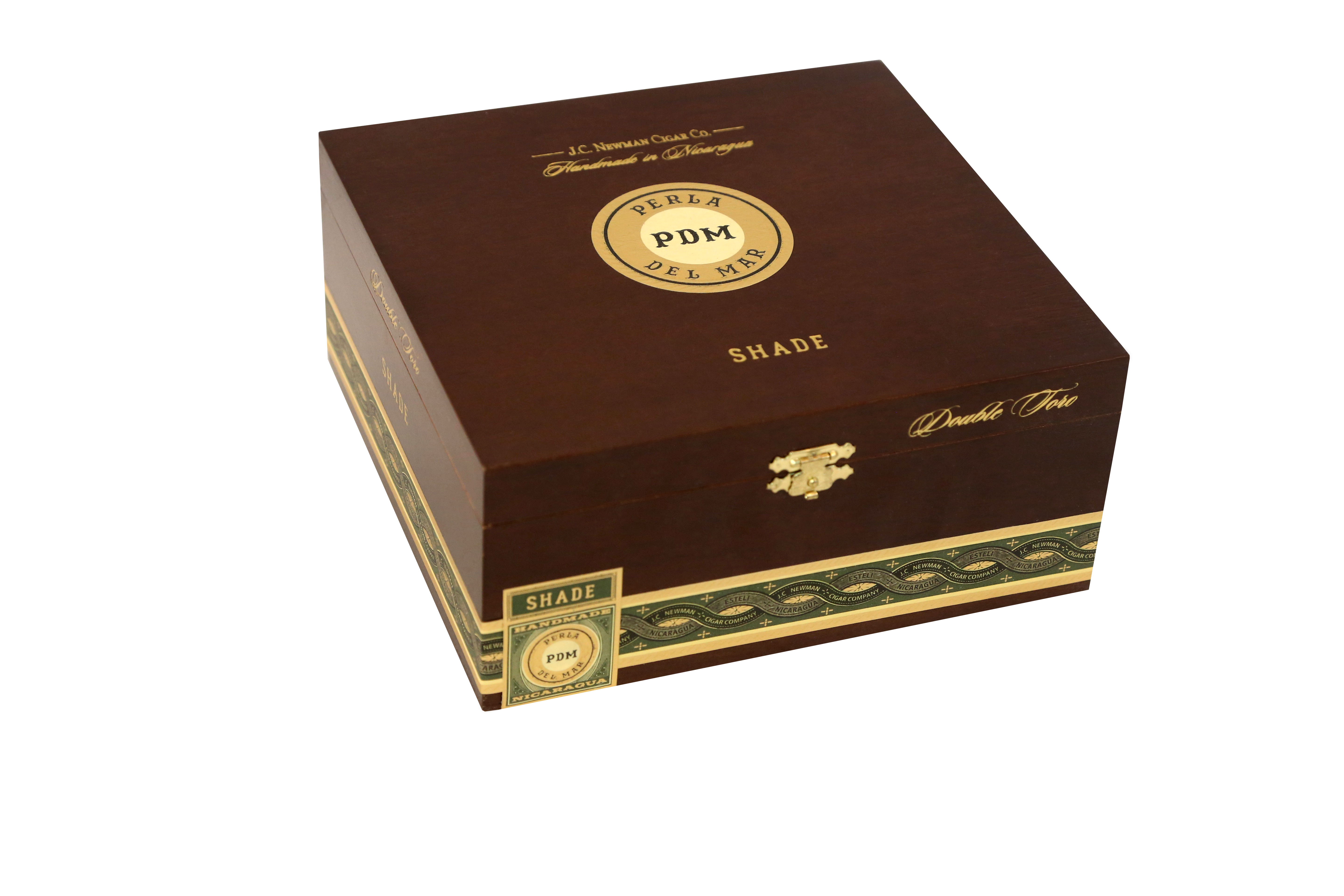 Brown cigar box with gold accents and 'PDM' branding on a white background