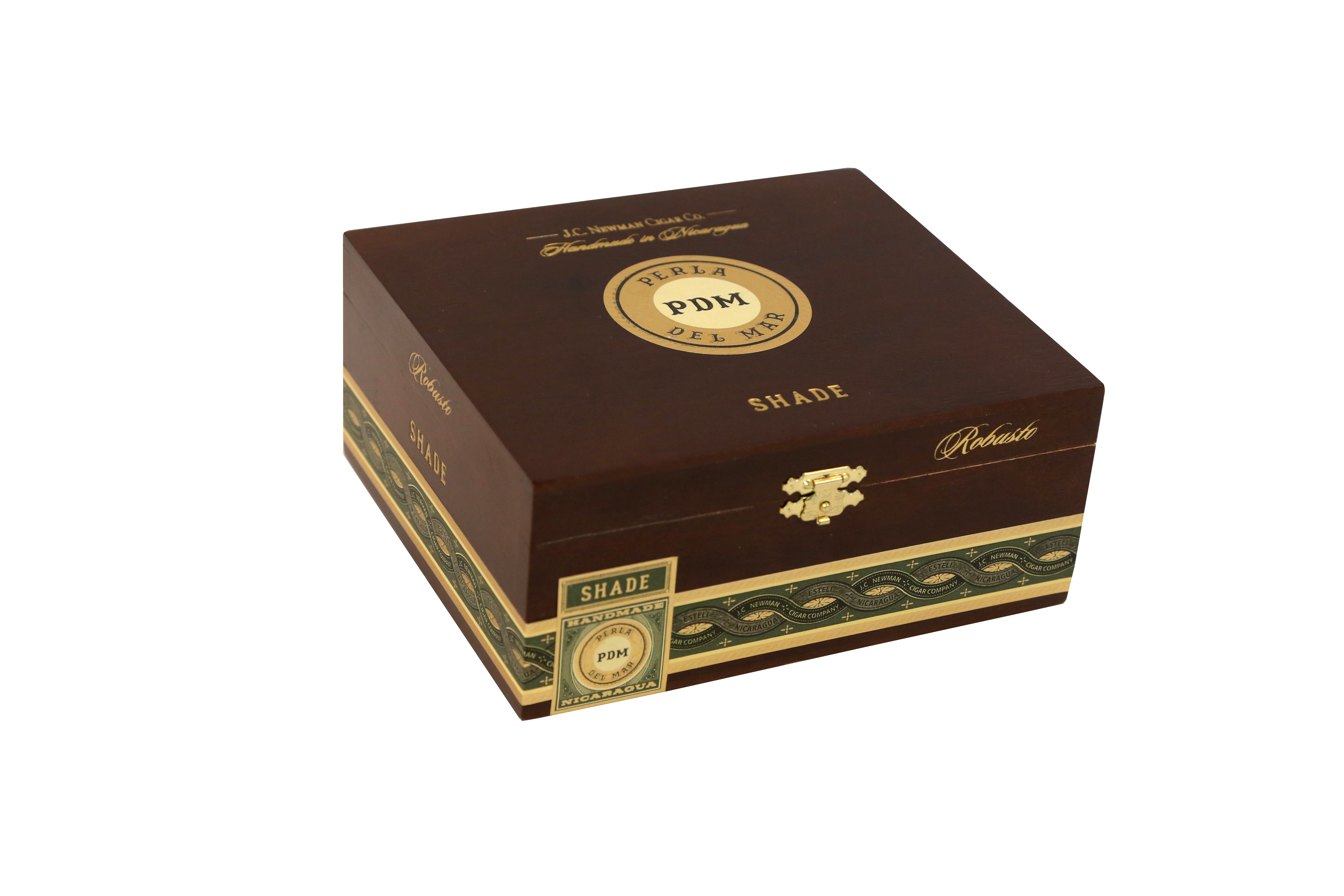Brown and gold humidor with 'PDM' branding on a white background