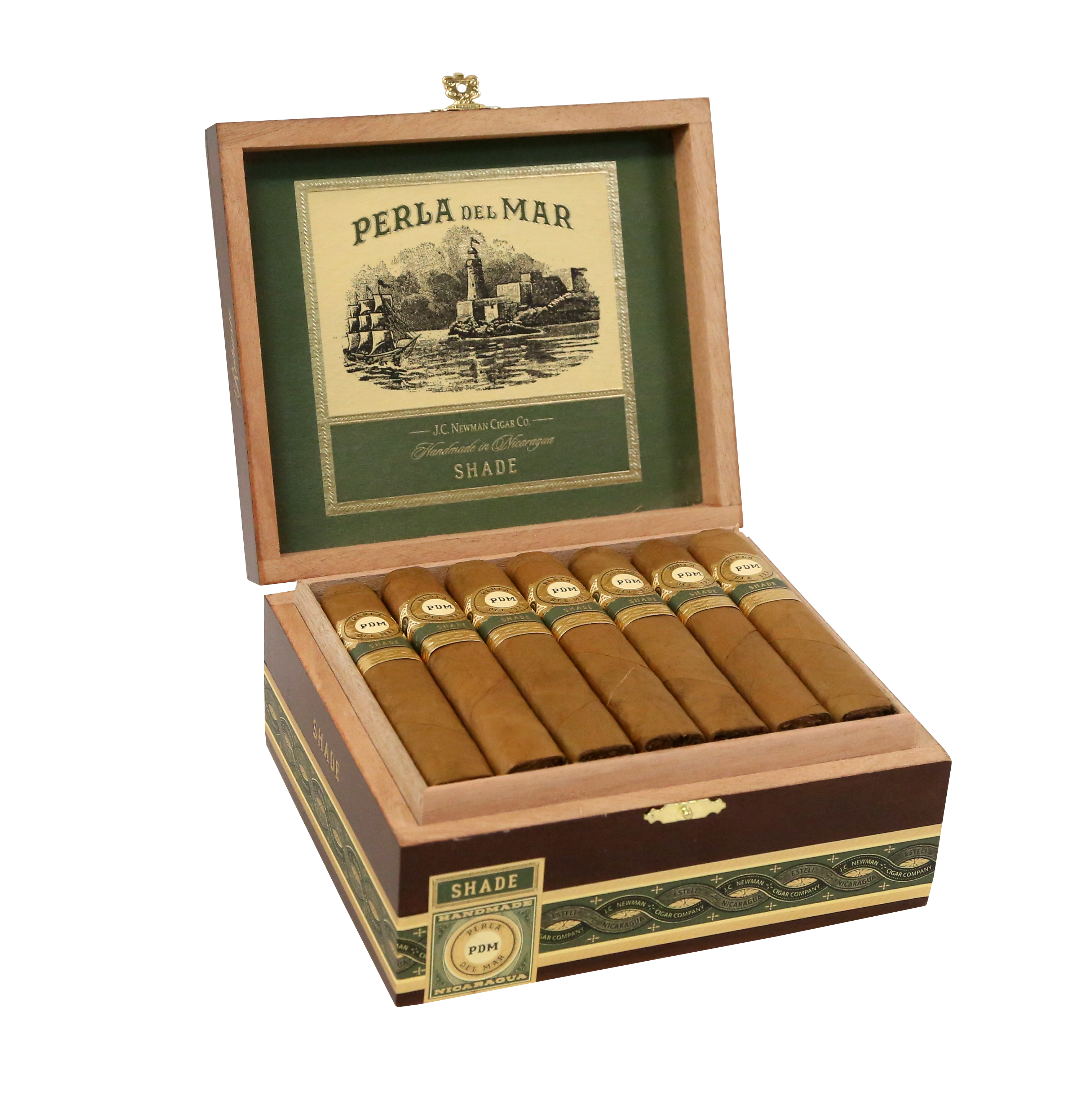 Open wooden cigar box with cigars and Perla del Mar label on a white background