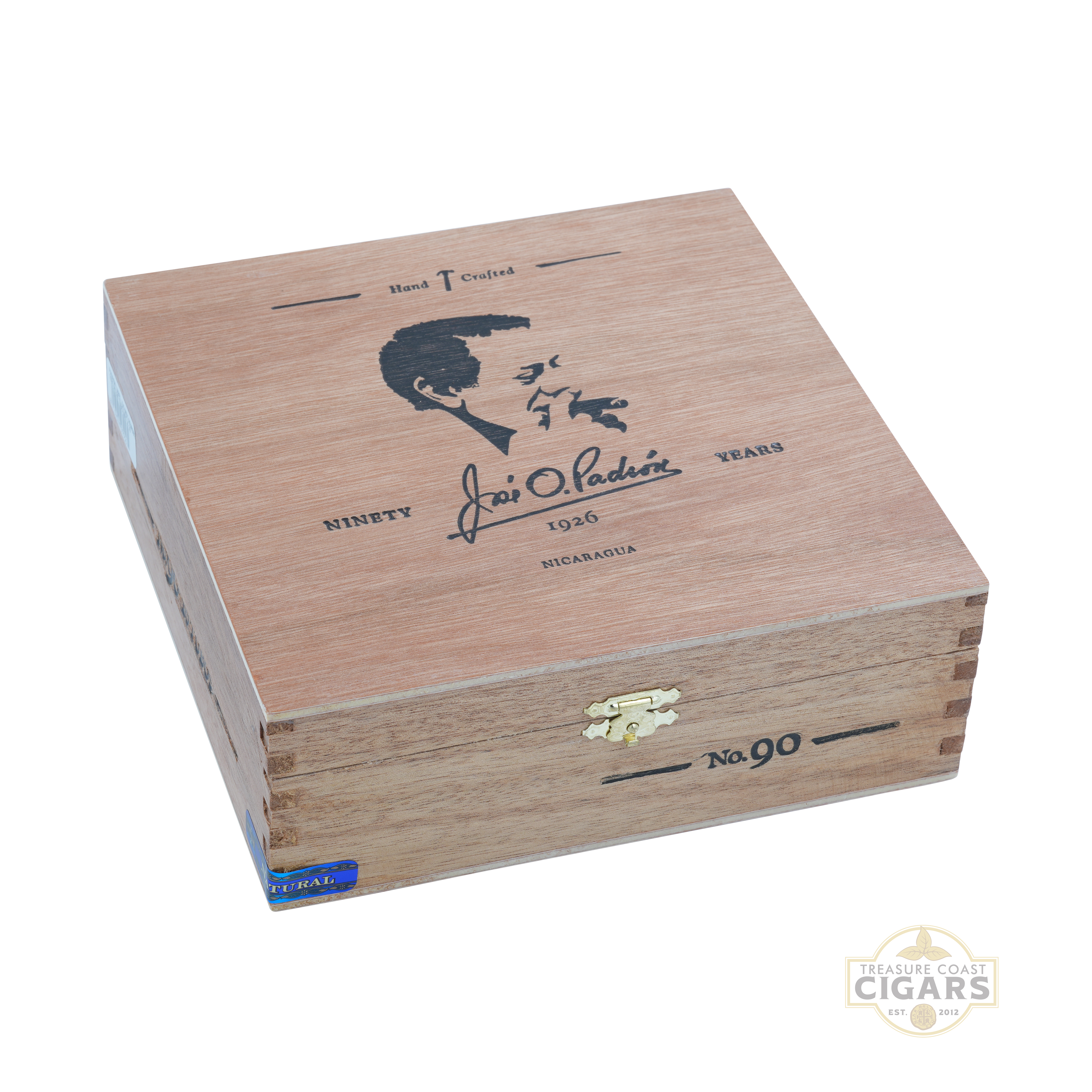 Padron 1926 No. 90 natural wooden cigar box with branding on a white background