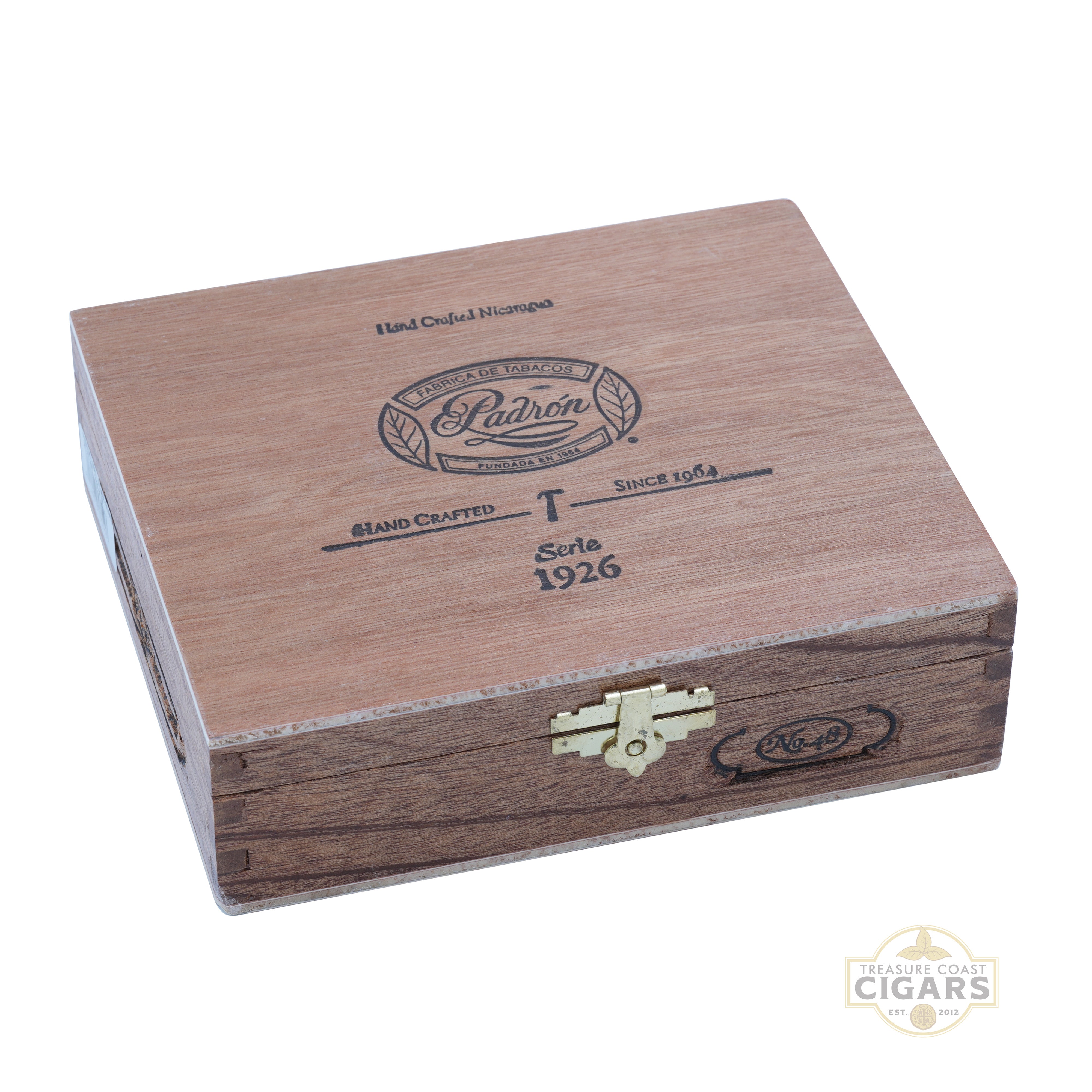 Wooden cigar humidor with Padron logo on a white background