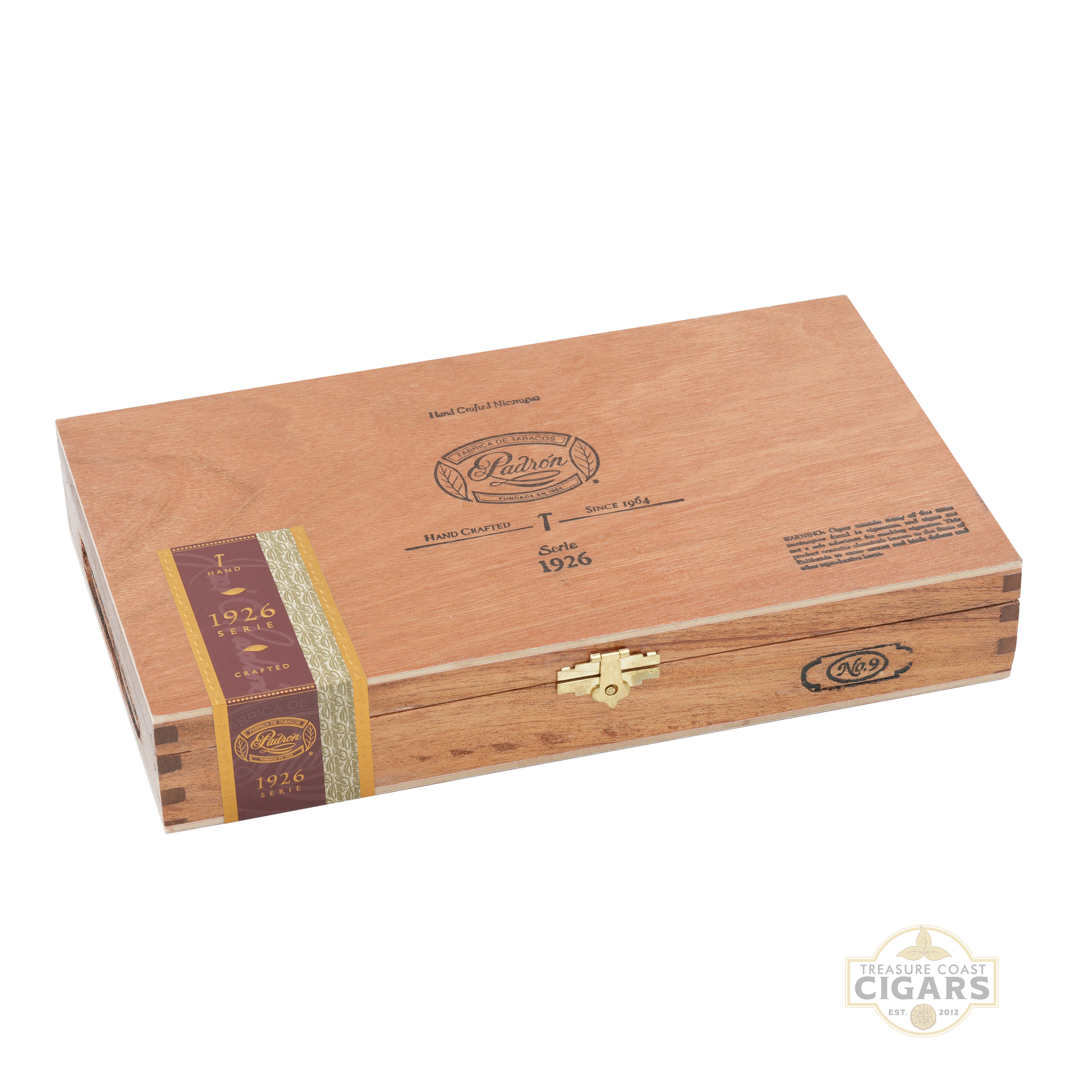 Wooden cigar box with brand logo on a white background