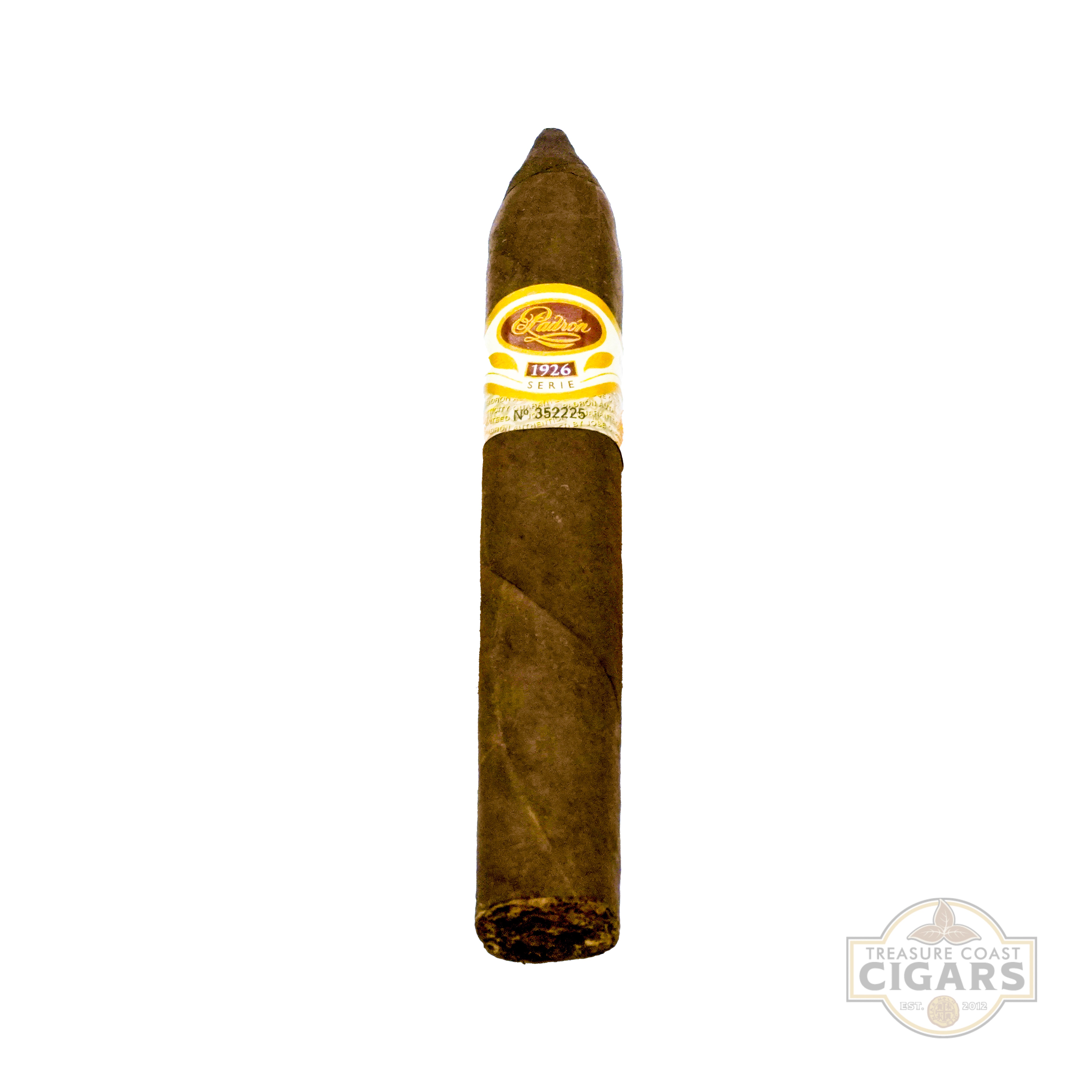 Cigar with a label on a white background, featuring 'Treasure Coast Cigars' branding.
