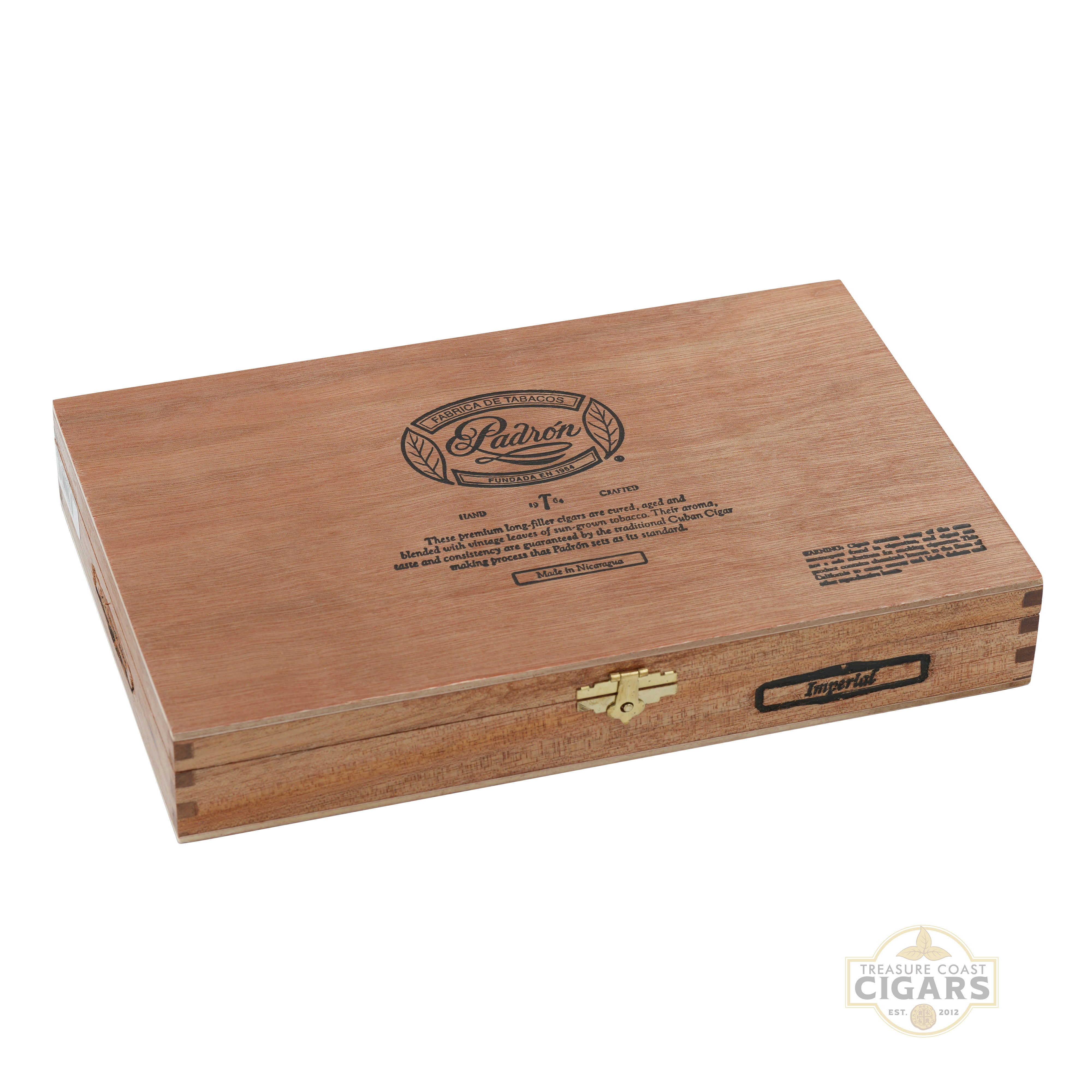 Wooden cigar box with Padron logo on a white background