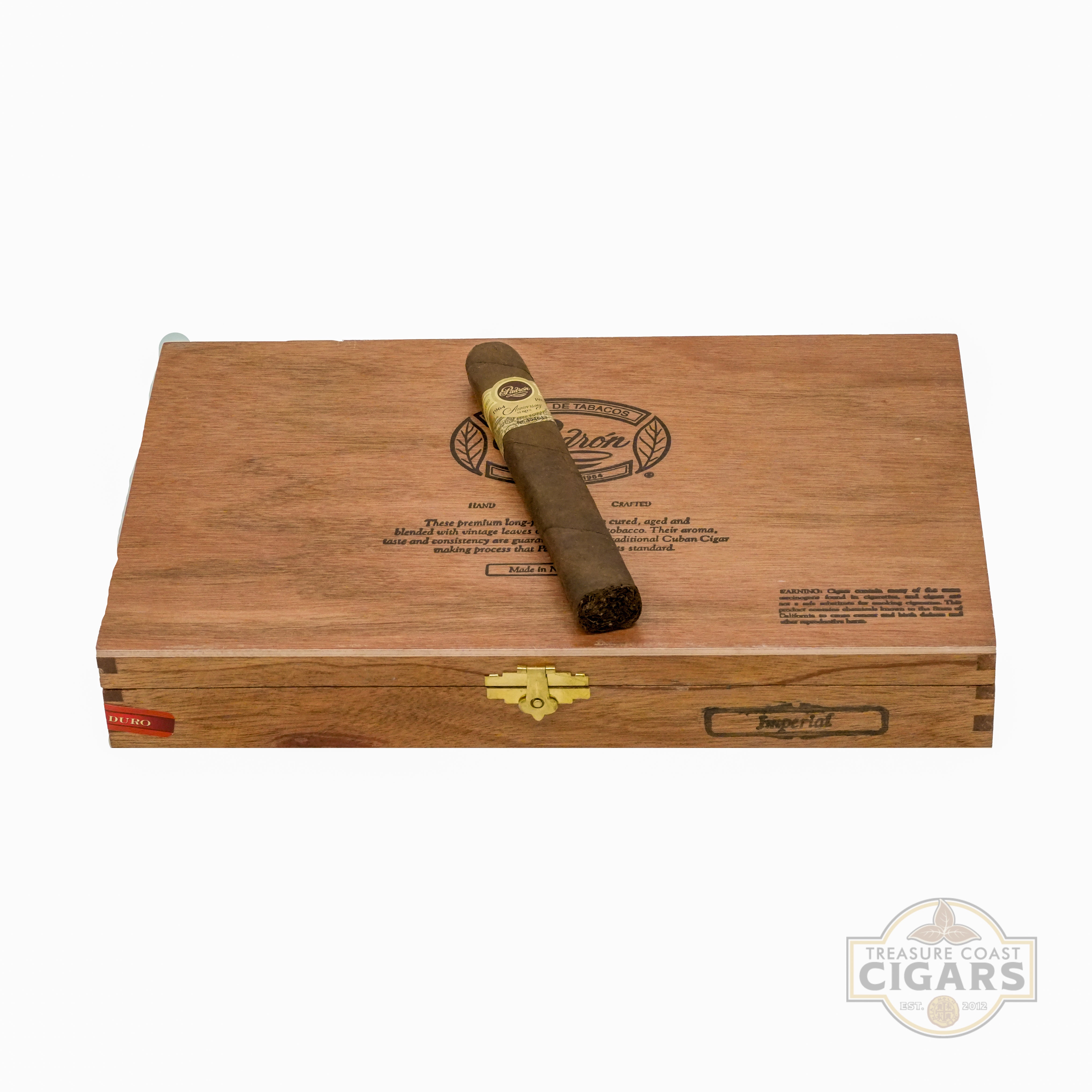 Wooden cigar box with a single cigar on a white background, featuring the Treasure Coast Cigars logo.