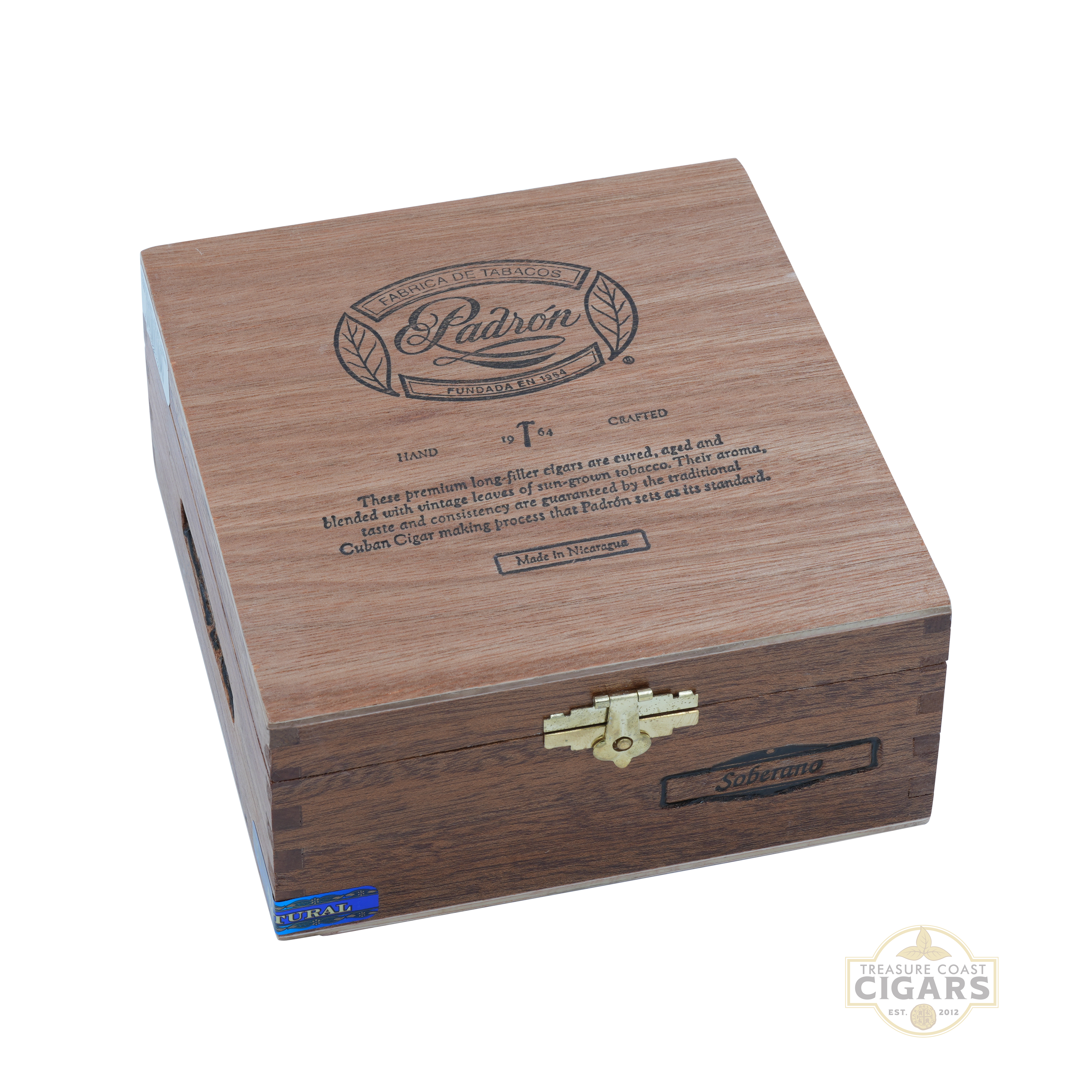 Wooden Padron 1964 Natural Soberano cigar box with brass lock on a white background