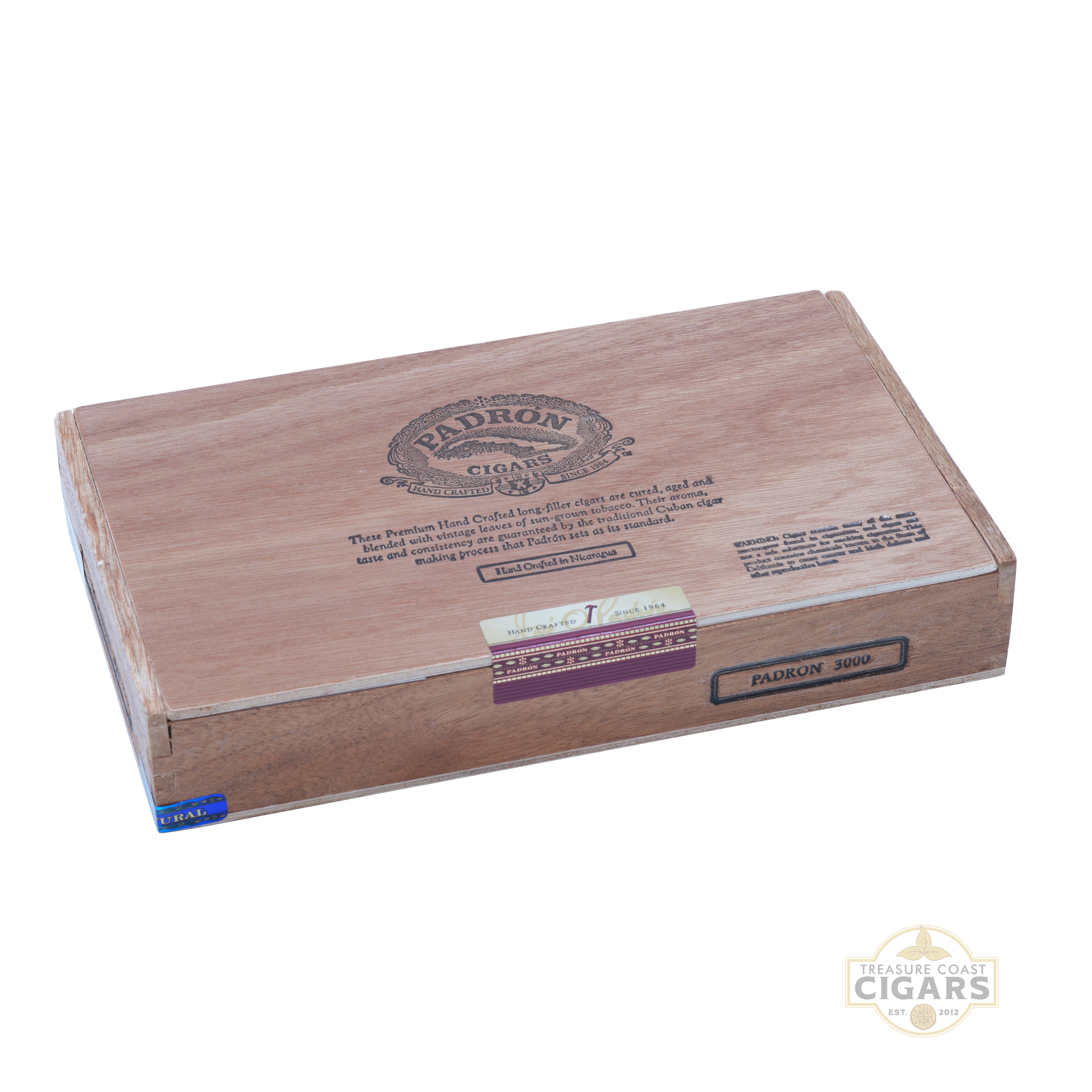 Wooden cigar box with Padron Cigars branding on a white background