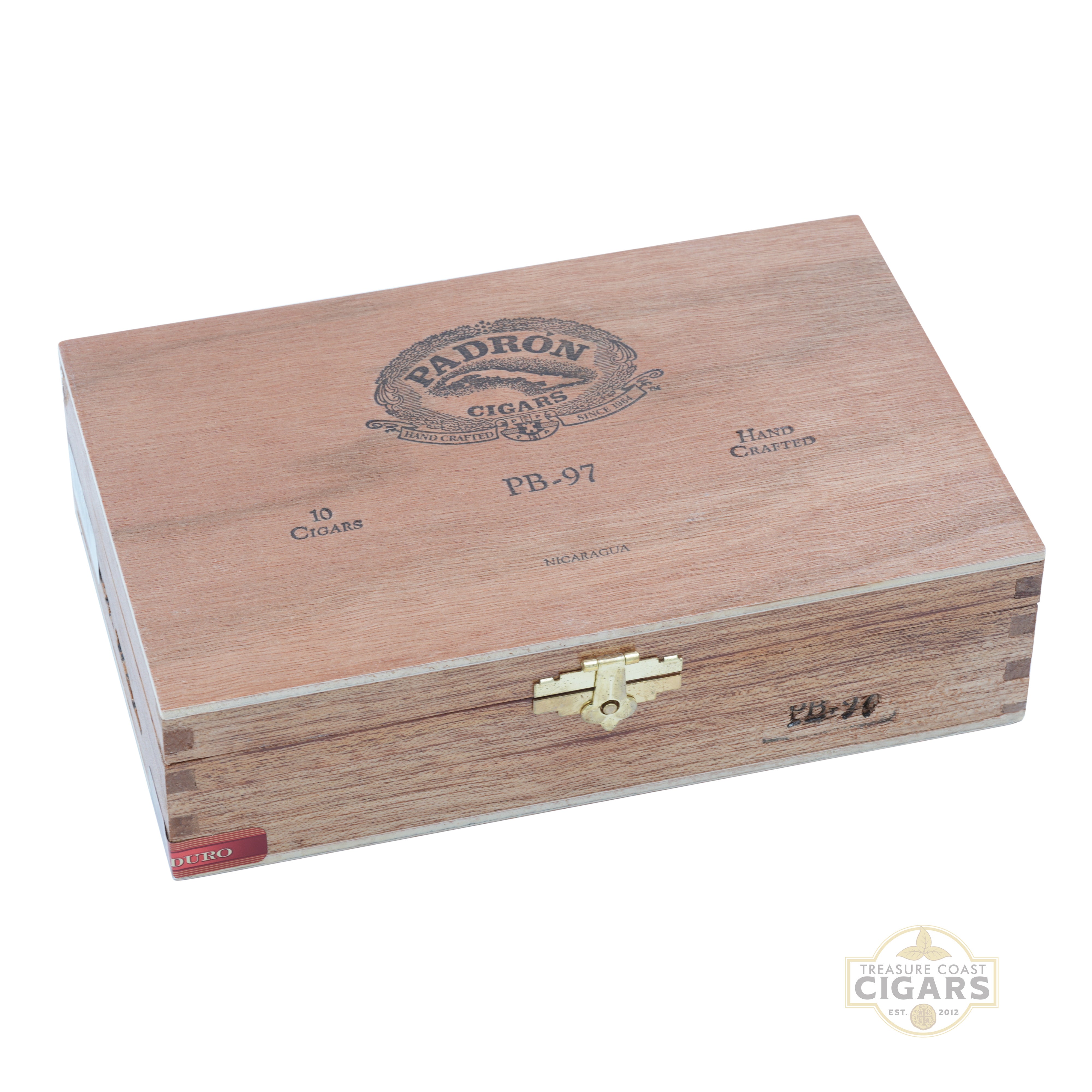 Wooden Padrón Black cigars box with gold clasp on a white background